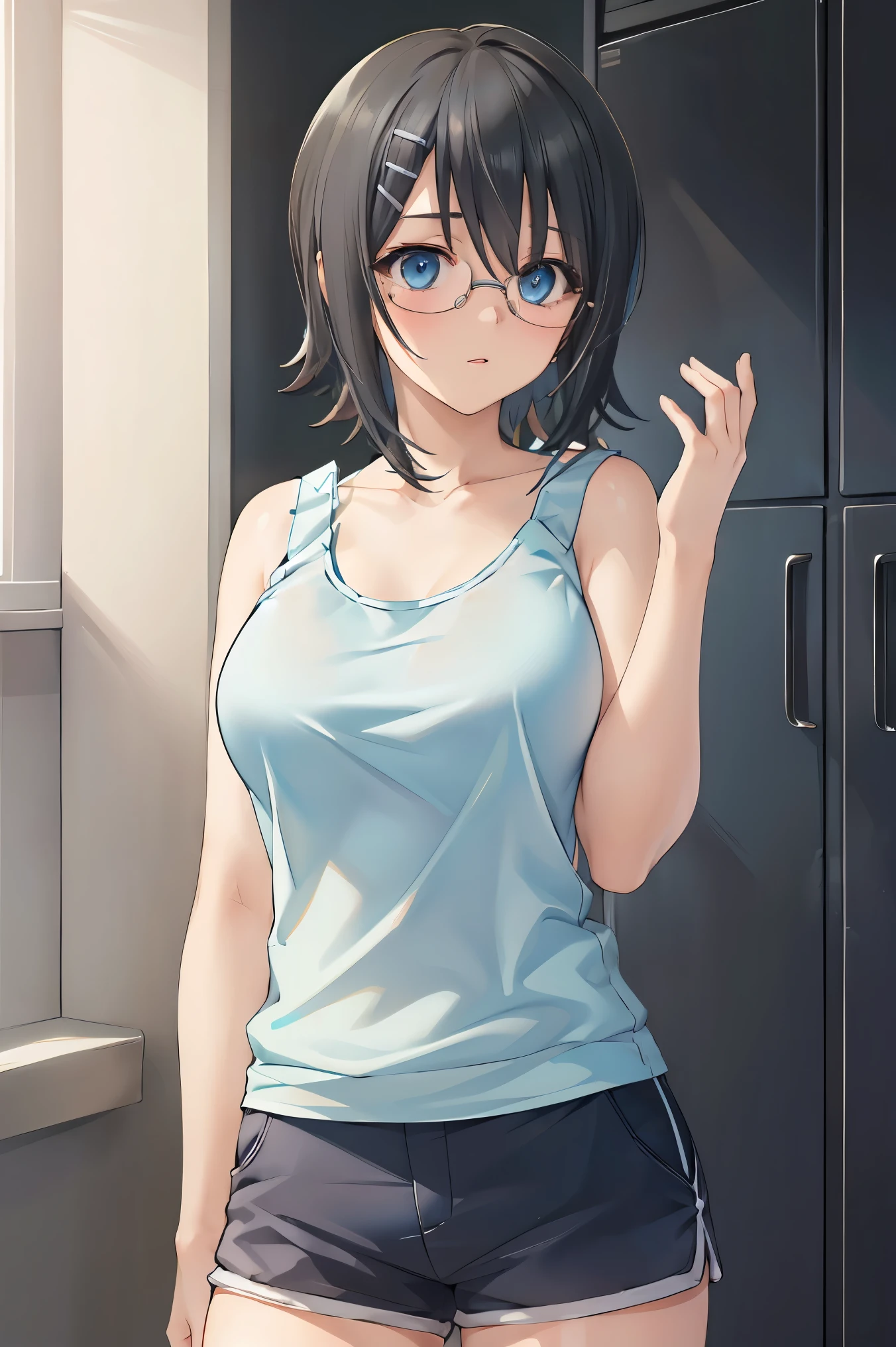 yorihime nao, glasses, hairclip,((black hair:1.5)),
BREAK ((blue tank top and shorts:1.5))
BREAK changing room, lockers,
BREAK pose, hand on hip,
BREAK (masterpiece:1.2), best quality, high resolution, unity 8k wallpaper, (illustration:0.8), (beautiful detailed eyes:1.6), extremely detailed face, perfect lighting, extremely detailed CG, (perfect hands, perfect anatomy),