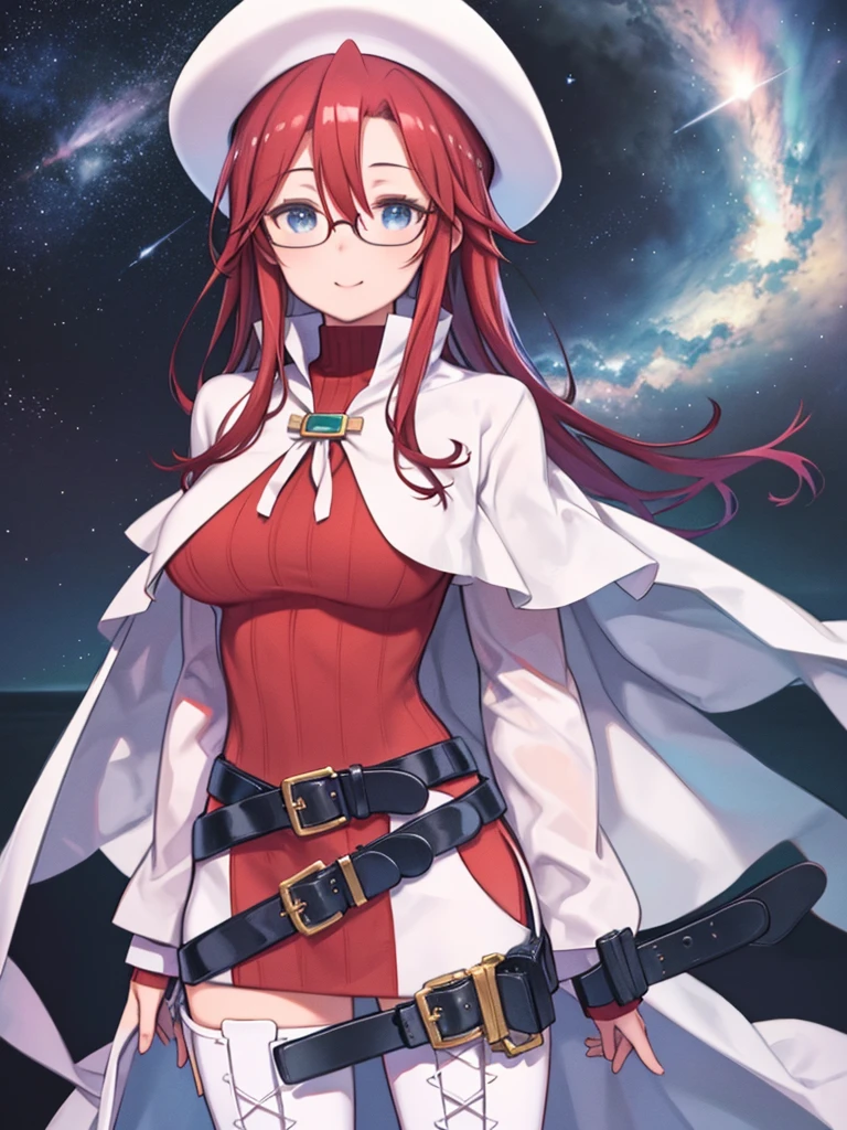 masterpiece、highest quality、High resolution、Very detailed、Medium wide shot、Mature Woman、(aty, long hair, blue eyes, red hair, thighhighs, hat, dress, boots, glasses, belt, cape, sweater, zettai ryouiki, beret, thigh boots, white footwear, ribbed sweater, loose belt、Hair between the eyes)、Big Breasts、Ocean、horizontal line、Starry Sky、Beautiful eyes、smile、milky way、Milky Way、night、shooting star、