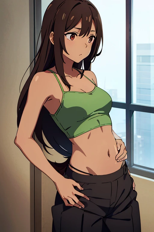 (masterpiece, high quality) brown skin anime girl in a lowcut cami top, (trousers), famished in hunger, (gently resting hands on stomach), (long hair), (hands on her stomach)