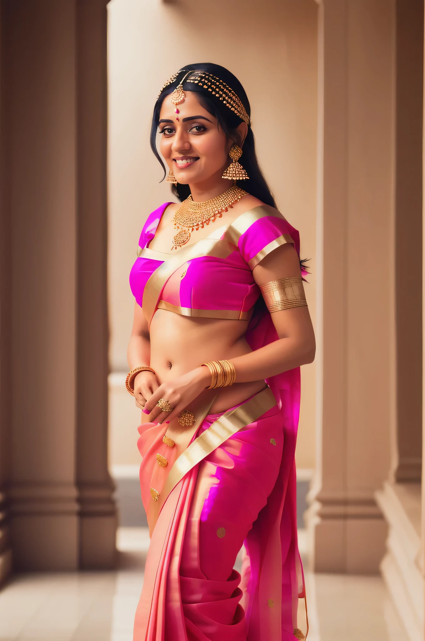 Woman in pink sari and gold jewelry posing for a picture, Indian Goddess, traditional beauty, beautiful goddess, indian, indian style, a beautiful fantasy empress, Beautiful female princess, Cinematic Goddess Shot, gorgeous woman, Cinematic goddess close-up, Beautiful Maiden, portrait of a beautiful goddess, Indian goddess of wealth, very attractive and beautiful, Dressed in a sari, The Young Goddess