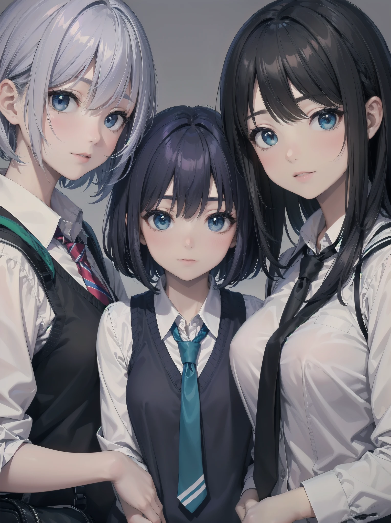 Masterpiece, top quality, super detailed, 16k, One girl, spring, high school, warm colors, school bag, accurate and highly detailed background, flock of schoolgirls in uniforms of various body shapes and hairstyles, cute. Blake. akane kurokawa, 1girl, short hair, blue hair, green eyes, black hair, medium hair, white shirt, collared shirt, , vest, white shirt, sweater vest, black vest, blue necktie, one-length bob, create bangs, add some lightness to the area around the face, and leave the ends of the hair thick throughout. dark blue-purple hair, blue eyes