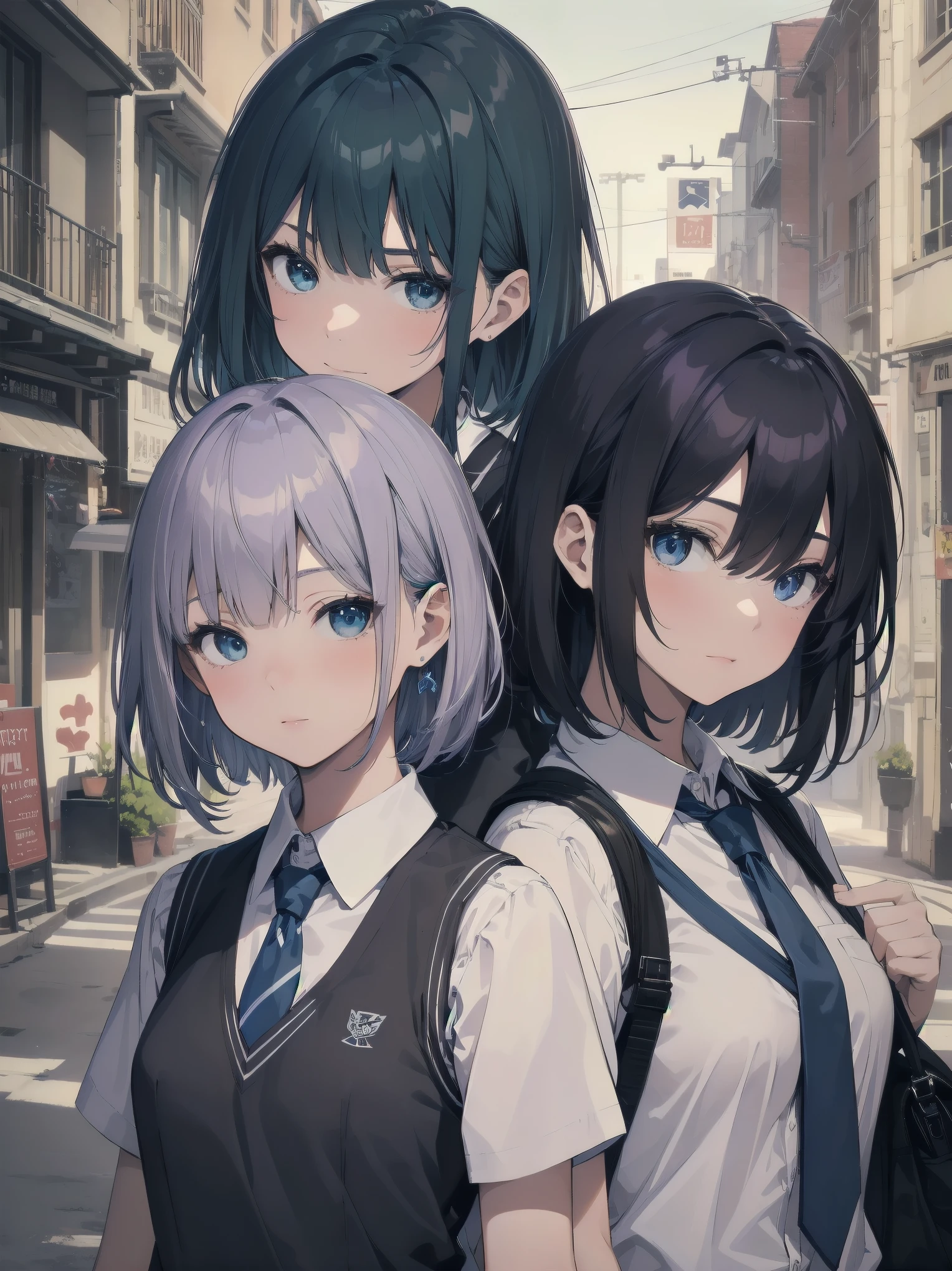 Masterpiece, top quality, super detailed, 16k, One girl, spring, high school, warm colors, school bag, accurate and highly detailed background, flock of schoolgirls in uniforms of various body shapes and hairstyles, cute. Blake. akane kurokawa, 1girl, short hair, blue hair, green eyes, black hair, medium hair, white shirt, collared shirt, , vest, white shirt, sweater vest, black vest, blue necktie, one-length bob, create bangs, add some lightness to the area around the face, and leave the ends of the hair thick throughout. dark blue-purple hair, blue eyes
