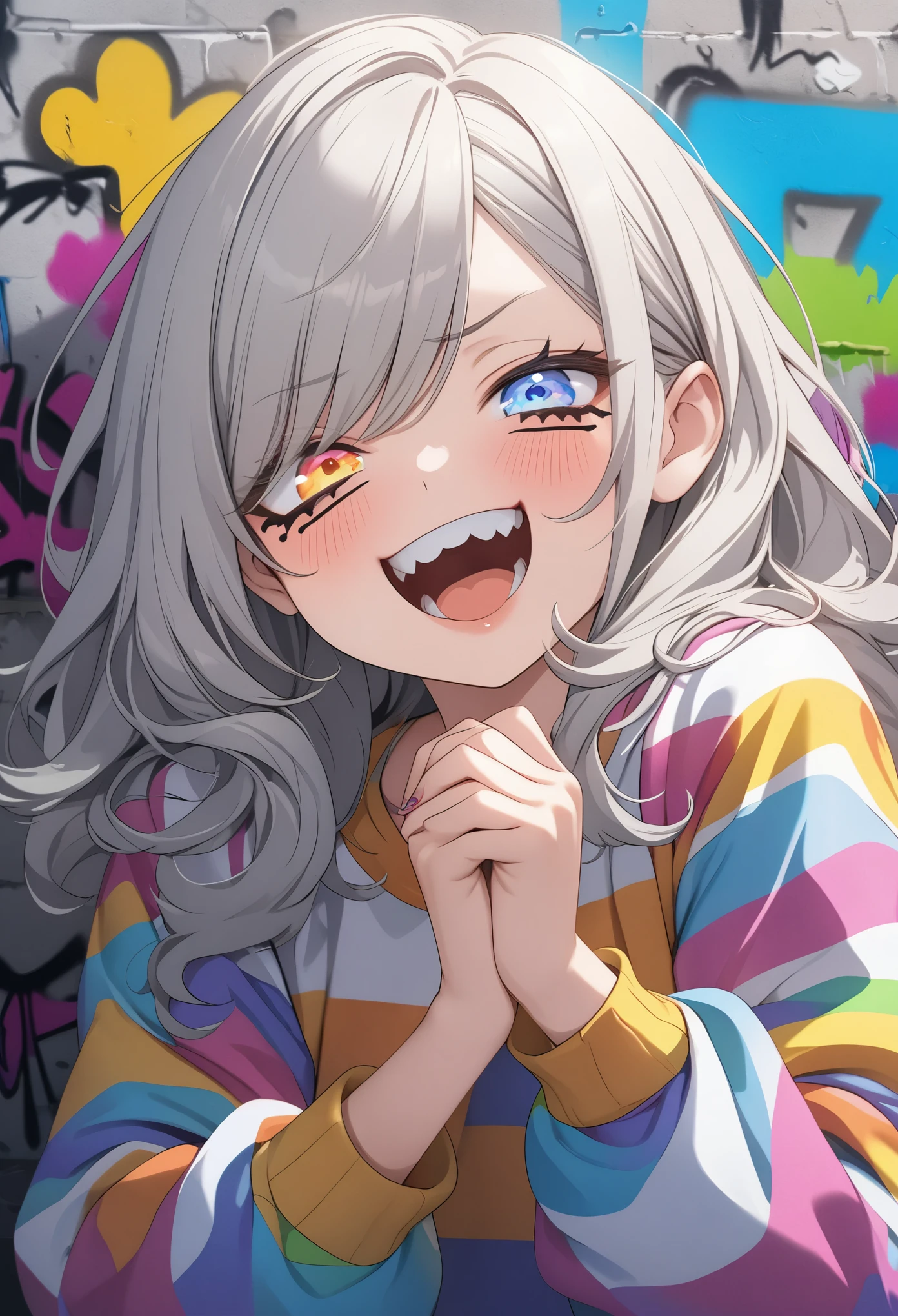 ((Masterpiece)), ((best quality)), (Anime:1.3), (super detail:1.2), (High Definition:1.3), (Professional Photography:1.3), ((12 years old)), cute young Girl, Glossy unruly hair, (loose swept bangs), (silver ash hair), medium hair, big eyes, (Eye bags:1.5), (Long eyelashes), colorful eyes, (smug and blush), open mouth, Glossy lips, (jagged teeth), farewell, ((stripes sweatshirt with oversized)), barearms, cute, (Cover my face with hands), (colorful:1.3), gothic makeup, (against the graffiti wall:1.5),