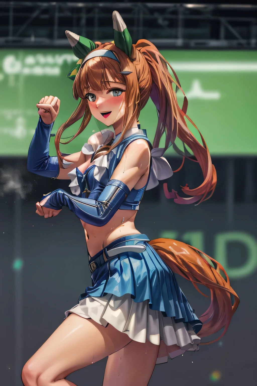 sexy dance show,1girl,solo,silence suzuka \(umamusume\),good anatomy, masterpiece, best quality,realistic, hyperrealistic, 16k hdr,happy Smile,(Live Stage),what does the fox say,open mouth, smile, long hair, blush, belt, fox tail, crop top, blue skirt, pleated skirt, midriff, detached sleeves, elbow gloves,,ponytail,sweat,navel,large breasts,cleavage,from below,from front,micro panty