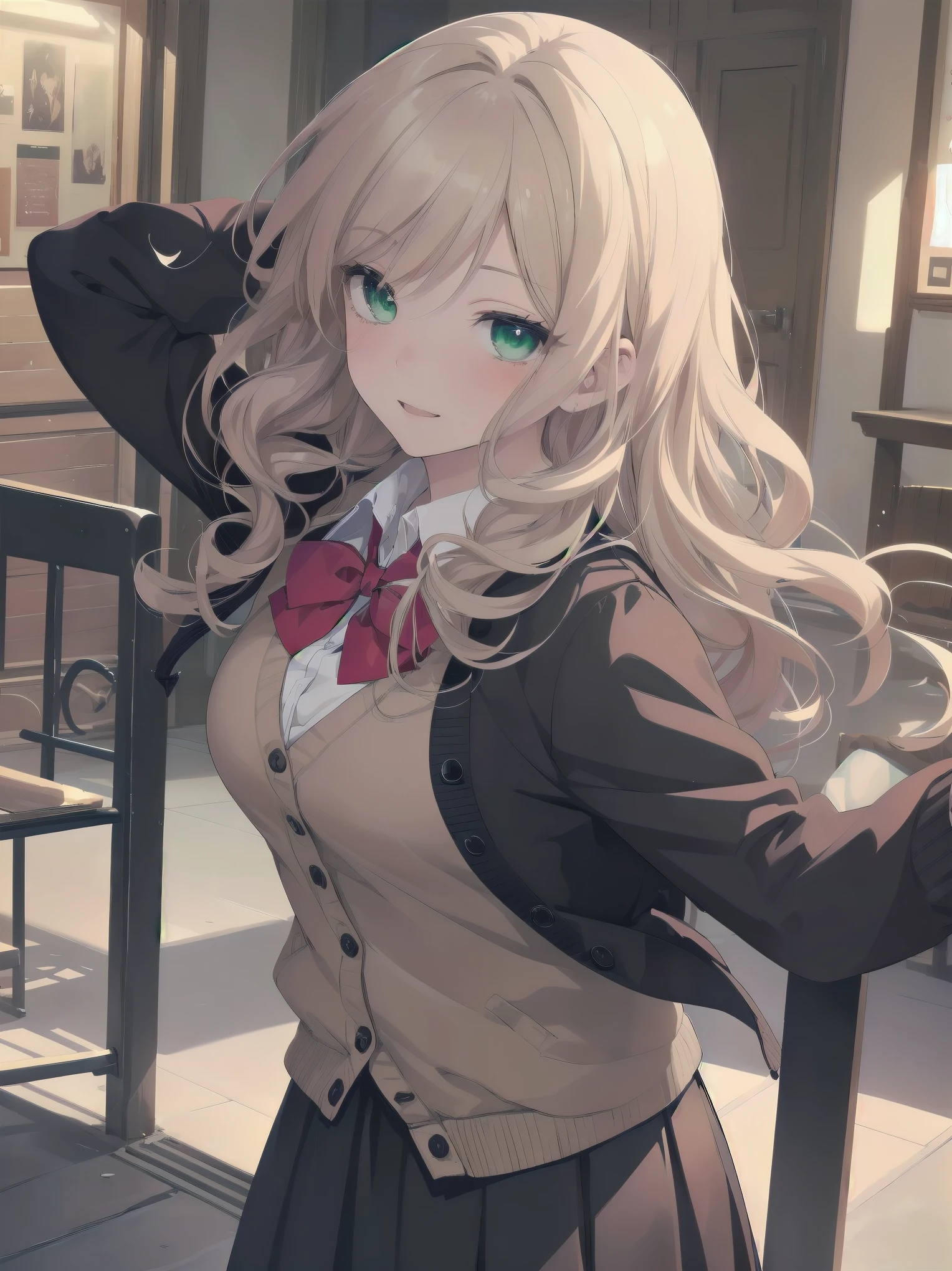 ((Tabletop, highest quality, High resolution, Perfect Pixel, Depth of written boundary, 4K))), One Girl, single, alone, Beautiful Anime Girls, Beautiful art style, Anime characters, ((Long Hair, bangs, Dark brown hair, Curly Hair:0.8)), ((Green Eyes:1.4, Fine grain, Beautiful Eyes, Perfect Eyes,Curled eyelashes, Realistic eyes)), ((Detailed face, Blushing:1.2)), ((Smooth texture:0.75, Realistic texture:0.5, Anime CG Style)), Medium chest, Dynamic Angle, Big Breasts, Perfect body, Dynamic pose, ((Red bow tie, , Black jacket, Open jacket, Brown cardigan, White shirt, Black Skirt, Checked skirt)), smile, Open your mouth, Put your arms behind your back, Leaning forward, Amalment Park
