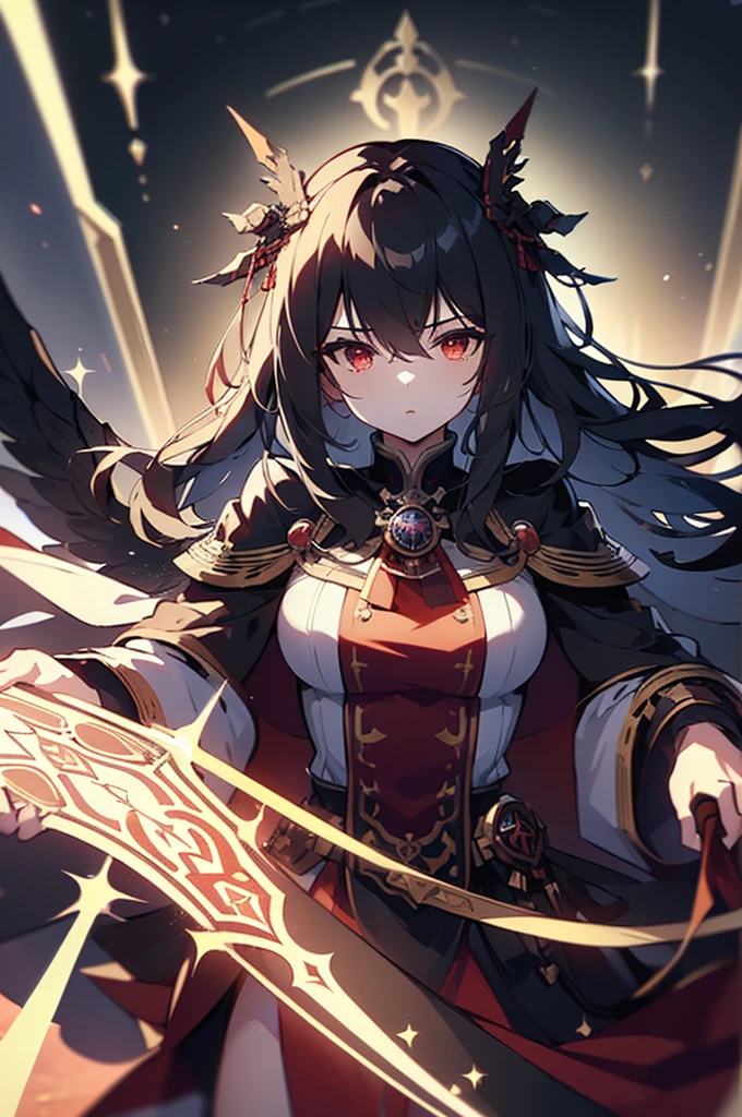 (masterpiece, best quality, highres:1.3), ultra resolution image, (1girl), (solo), kawaii, black hair, long hair, red eyes, captain hat, leader outfit, cape, glove, fierce, smug, confident, fantasy, throne, cross legged, guards, red carpet, phoenix flame, scenery, heroic conquest, majestic, ancient,r1ge, magical realm, mythical, endless sky, grave sword, cold hearted eyes