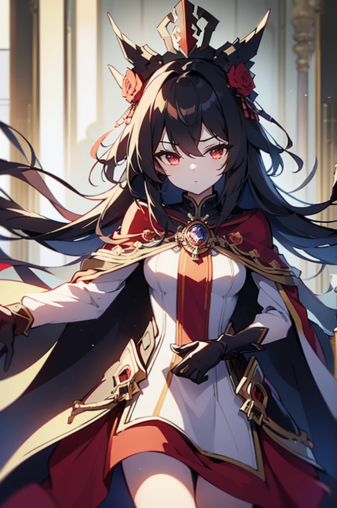 (masterpiece, best quality, highres:1.3), ultra resolution image, (1girl), (solo), kawaii, black hair, long hair, red eyes, captain hat, leader outfit, cape, glove, fierce, smug, confident, fantasy, throne, cross legged, guards, red carpet, phoenix flame, scenery, heroic conquest, majestic, ancient,r1ge, magical realm, mythical, endless sky, grave sword, cold hearted eyes