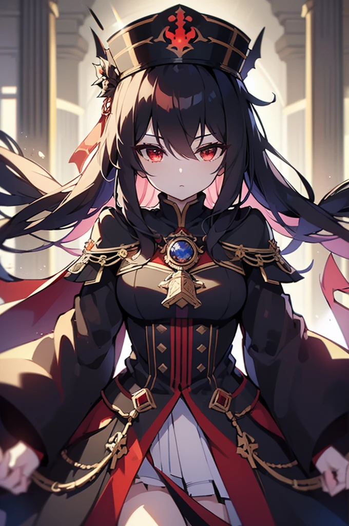 (masterpiece, best quality, highres:1.3), ultra resolution image, (1girl), (solo), kawaii, black hair, long hair, red eyes, captain hat, leader outfit, cape, glove, fierce, smug, confident, fantasy, throne, cross legged, guards, red carpet, phoenix flame, scenery, heroic conquest, majestic, ancient,r1ge, magical realm, mythical, endless sky, grave sword, cold hearted eyes