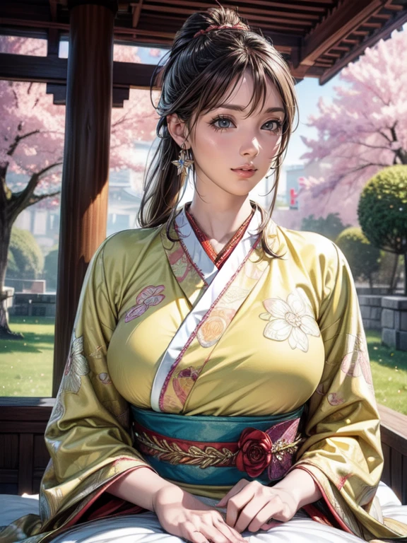 A mature woman in her fifties wearing a yellow kimono sitting on top of a gazebo, surrounded by a beautiful palace. The woman is wearing a traditional Chinese dress called "hanfu," which adds elegance to her appearance. The kimono has intricate patterns and vibrant colors, highlighting the woman's refined taste in fashion. Her eyes are detailed and captivating, with long eyelashes that enhance her beauty. The woman's lips are also beautifully detailed, giving her a soft and serene expression. 

The artwork is created using a realistic anime 3D style, combining the best features of both realistic renderings and anime aesthetics. The characters have a lifelike appearance, with meticulously crafted facial expressions and detailed features. The artwork is of the highest quality, with a resolution of 4k or 8k, ensuring every element is depicted with utmost clarity and precision. The colors are vivid and vibrant, creating a visually appealing composition. The lighting in the scene is strategically placed to accentuate the woman's features and create a dramatic effect.

The scene is set in a palace background, with intricate architectural details and luxurious furnishings. The gazebo on top of the palace adds a touch of elegance and grandeur to the composition. Cherry blossom trees surround the palace, creating a serene and peaceful atmosphere. The overall color tone of the artwork is inspired by the Guo Pei art style, with a combination of rich reds, vibrant yellows, and deep blues, creating a visually stunning and harmonious composition.

The artwork is created using cutting-edge techniques such as physically-based rendering and ultra-fine painting, resulting in an incredibly detailed and lifelike representation. The textures and materials used in the artwork are of the highest quality, mimicking the look and feel of traditional Chinese silk and embroidery. The attention to detail in every aspect of the artwork, from the intricate patterns on the kimono to the delicate c