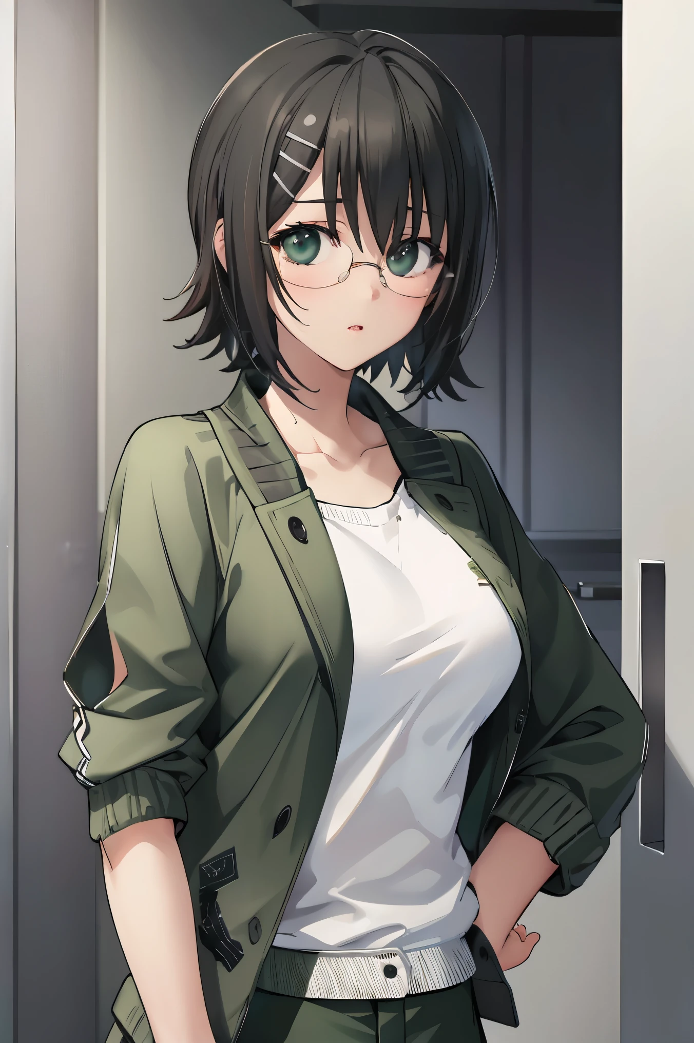 yorihime nao, glasses, hairclip,((black hair:1.5)),
BREAK ((green jacket:1.5))
BREAK changing room, lockers,
BREAK pose, hand on hip,
BREAK (masterpiece:1.2), best quality, high resolution, unity 8k wallpaper, (illustration:0.8), (beautiful detailed eyes:1.6), extremely detailed face, perfect lighting, extremely detailed CG, (perfect hands, perfect anatomy),