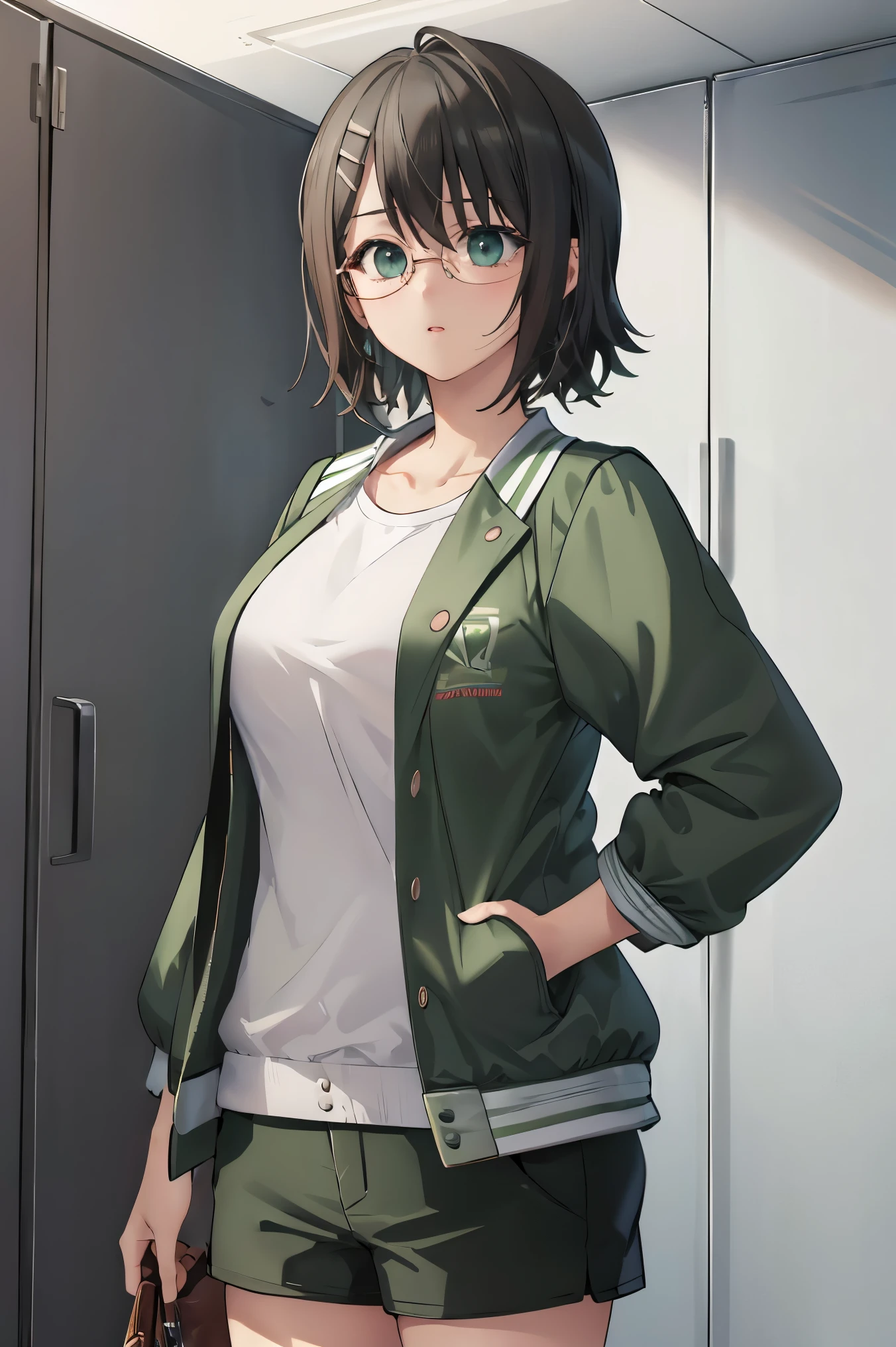 yorihime nao, glasses, hairclip,((black hair:1.5)),
BREAK ((green jacket:1.5))
BREAK changing room, lockers,
BREAK pose, hand on hip,
BREAK (masterpiece:1.2), best quality, high resolution, unity 8k wallpaper, (illustration:0.8), (beautiful detailed eyes:1.6), extremely detailed face, perfect lighting, extremely detailed CG, (perfect hands, perfect anatomy),