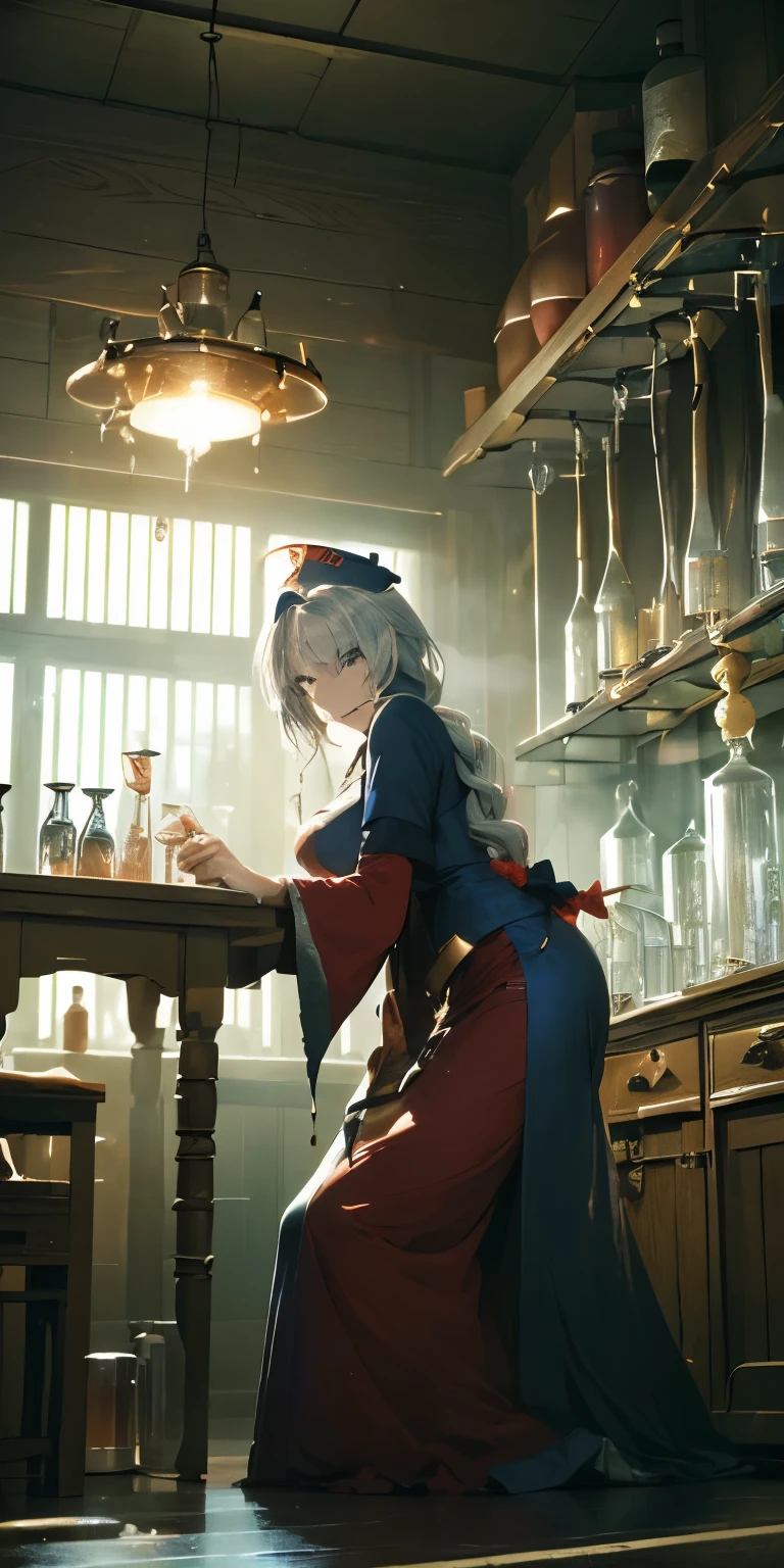 (masterpiece, best quality:1.3), (from below:1.3), Yagokoro Eirin, Touhou Series, perfect face, expressive eyes, 1woman, looking at viewer, 38 years old, gorgeous body, big breast, beautiful, anime, lora,1woman, silver hair, braid hair, nurse cap, red and blue clothes, long skirt, (evil look, looks down on viewer:1.5), (cinematic lighting, realistic, dream-like, enchanting atmosphere:1.3), (photo of a woman in her dark and mysterious environment:1.3), (the woman surrounded by an aura of mystery and intrigue:1.3), (a dark and mysterious laboratory decorated with many flasks, each filled with colorful liquids:2.0), (a table before Eirin decorated with flask, spread out in mysterious shapes:2.0), (she is full of joy in making new discoveries:1.5), (a crystal ball nearby, adding to the mystical setting:1.3), (a hint of incense in the air, adding to the sensory experience:1.3),