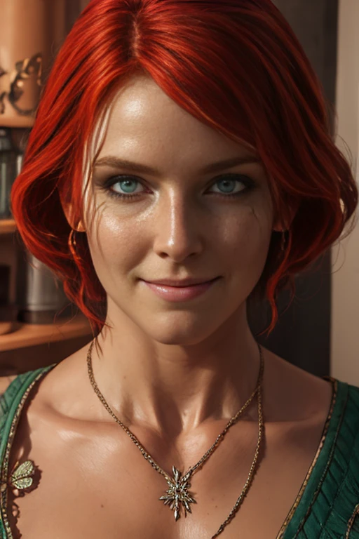 score_9, score_8_up, score_7_up, score_6_up, score_5_up, 1girl, Triss, 1girl, solo, long hair, looking at viewer, smile, short hair, green eyes, Jewerly, red hair, lips, makeup, lipstick, eyeshadow, (insanely detailed, beautiful detailed face, masterpiece, best quality) 