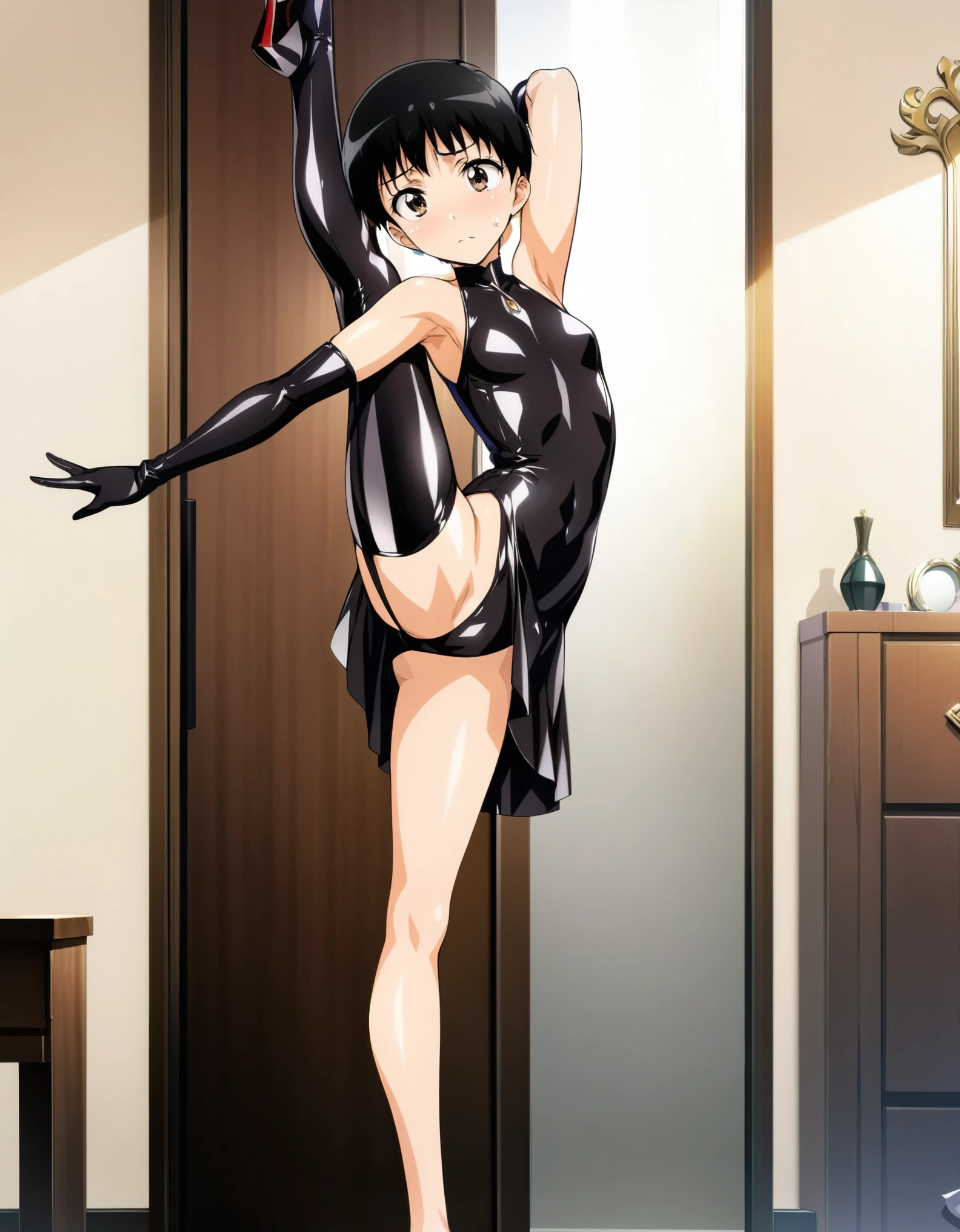 (in front of mirror:1.25),absurdres ,absolutely resolution ,incredibly absurdres ,official art ,Highly detailed CG Unity 8K wallpaper, highest quality ,crossdressing ,small height ,flat chests,(beautifully elegant sleeveless latex dress:1.4) ,(bare feet in highheels), (high-heels),elbow-length long gloves , official art, Highly detailed CG Unity 8K wallpaper, highest quality, masterpiece, High resolution, black hair, short hair, full body photo,(ikari_shinji:1.3),1 feminin boy, solo ,POV ,black hair, (short cut hair:1.3) ,(absolute shiny clothes), ultra shiny clothes ,embarrassed ,standing_split