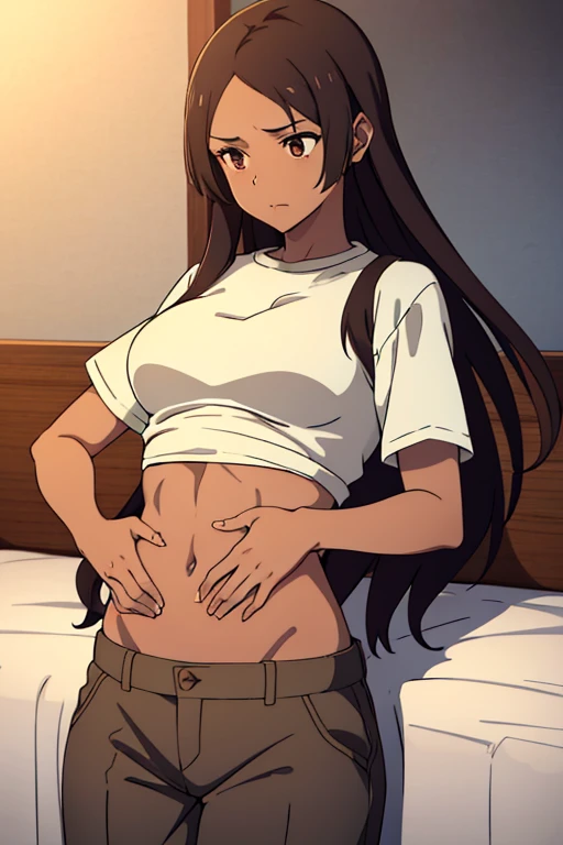 ((best quality)), ((masterpiece)), (detailed), perfect face, (((slender 18yo  girl on knees))), loungeroom with couch and TV cabinet, (((embarrassed:1.5))), (((blushing:1.2))), ponytail, skinny waist, skinny thighs, (((topless))), white pyjama shorts, ((arms behind head))