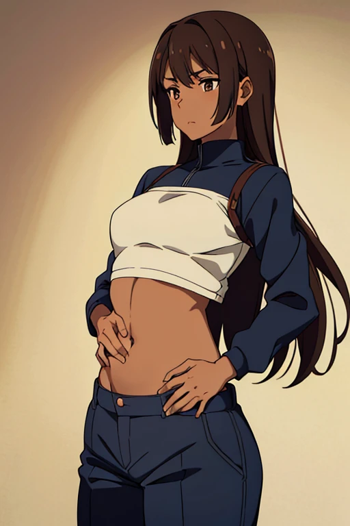 A woman with very long black hair and (very long bangs:1.5), wearing a stylish jacket and tight jeans, standing. The artwork is inspired by manga and incorporates a doujin style. The woman appears to be (wetting herself:1.5), which causes her to feel embarrassed and humiliated, resulting in a blush on her face. In addition, there is an air of anger in her expression. The lighting in the scene is moody, with a spotlight highlighting the woman's figure. She is crossing her arms, (arms crossed:1.5), fully showcasing her jeans., large breasts, navel, midriff, groin, mound of venus