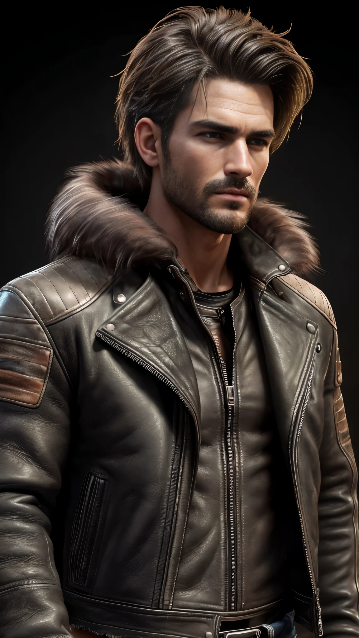 Photo of a rugged and athletic 30-year-old cowboy, raw, (1boy), ((Detailed face:1.2)), ((leather jacket with fur trim:1.32)), long sleeves, black jeans, ((Volumetric lighting:1.37)), ((best quality:1.1)), masterpiece, intricate details, tonemapping, sharp focus, hyper detailed, trending on Artstation, ((looking directly at the viewer:1.3)), (realistic, realistic detail), photorealistic, high contrast, photorealistic digital art, 8k HD high definition, detailed skin texture, hyper-realistic texture, realistic lighting, dramatic