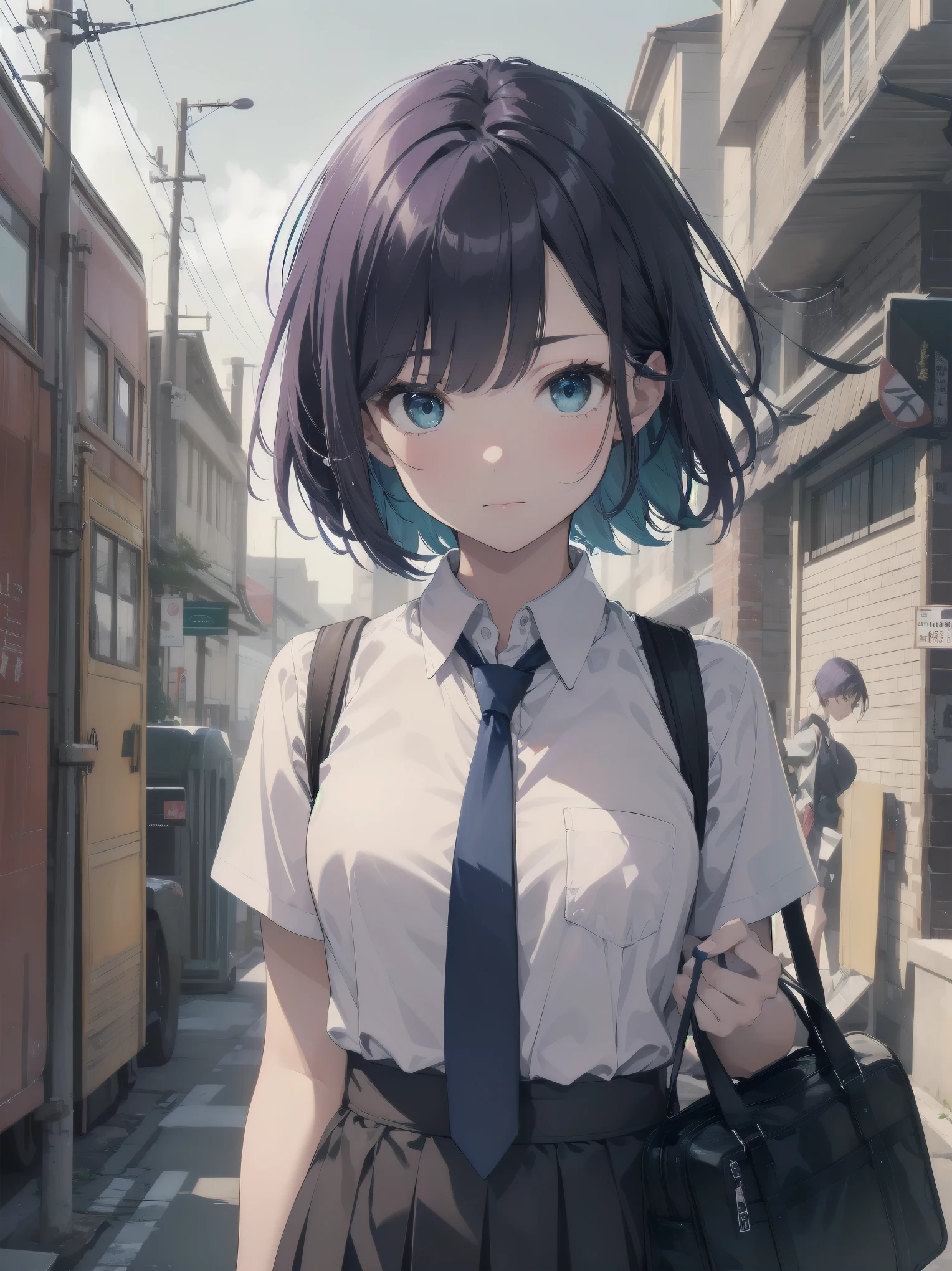 Masterpiece, top quality, super detailed, 16k, One girl, spring, high school, warm colors, school bag, accurate and highly detailed background, flock of schoolgirls in uniforms of various body shapes and hairstyles, cute. Blake. akane kurokawa, 1girl, short hair, blue hair, green eyes, black hair, medium hair, white shirt, collared shirt, , vest, white shirt, sweater vest, black vest, blue necktie, one-length bob, create bangs, add some lightness to the area around the face, and leave the ends of the hair thick throughout. dark blue-purple hair, blue eyes