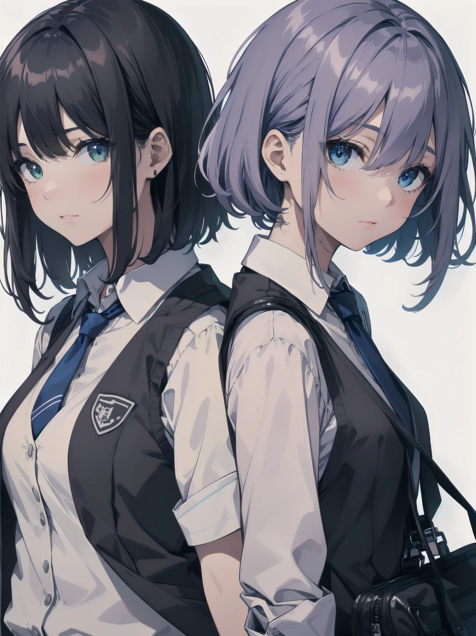 Masterpiece, top quality, super detailed, 16k, One girl, spring, high school, warm colors, school bag, accurate and highly detailed background, flock of schoolgirls in uniforms of various body shapes and hairstyles, cute. Blake. akane kurokawa, 1girl, short hair, blue hair, green eyes, black hair, medium hair, white shirt, collared shirt, , vest, white shirt, sweater vest, black vest, blue necktie, one-length bob, create bangs, add some lightness to the area around the face, and leave the ends of the hair thick throughout. dark blue-purple hair, blue eyes