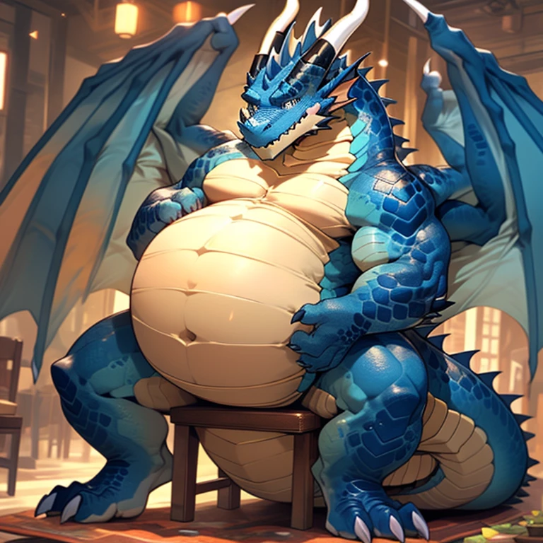 A full body picture of (((((2 dragon))))), there is a blue dragon sitted and tied up to a chair like he was , he was with his hand tied up to his back and his eyes bounded to see anything, room with light on, no windows, the bounded dragon has a belly so huge and so enormous, very large legs, fat ass, his eyes are bounded, he is tied up to a chair. A second dragon is in the room, the second dragon is red and has the biggest pecs ever seen and he has so much muscles that he looks like a bodybuilder, huge ass, big fat ass and large legs. The second dragon is the kidnapper and start to massage the belly of the fat dragon, he start to put he's head to the fat belly for appreciate his fat and start to lick the belly of the fat dragon and he is in love. The second dragon is the musclar dragon and the kidnapper, he wear only a black underwear and he massaged and carressed the belly of the blue dragon who is tied up to a chair and has his eyes bounded. Blue fat dragon boundage. (((Blue fat dragon . Red muscle dragon lick the belly of the fat blue bounded dragon. The head of the red dragon is on the blue dragon's belly)))