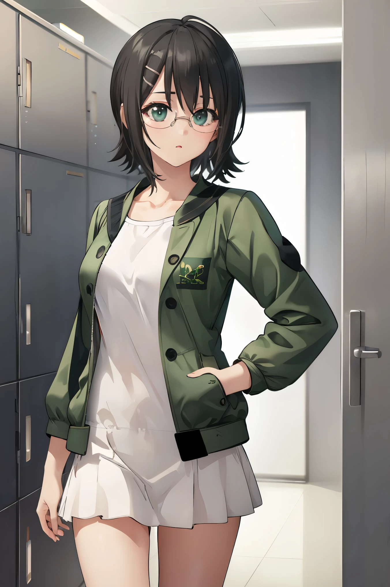 yorihime nao, glasses, hairclip,((black hair:1.5)),
BREAK ((green jacket:1.5))
BREAK changing room, lockers,
BREAK walking,pose, hand on hip,
BREAK (masterpiece:1.2), best quality, high resolution, unity 8k wallpaper, (illustration:0.8), (beautiful detailed eyes:1.6), extremely detailed face, perfect lighting, extremely detailed CG, (perfect hands, perfect anatomy),