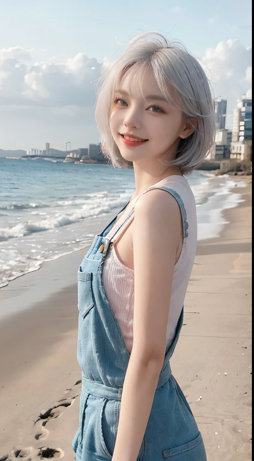 Best image quality、RAW Photos、超A high resolution、21 years old Korean、Small breasts、Dynamic Angle、Cowboy Shot、Chaos in its most beautiful form、elegant、brutalism design、Vibrant colors、Beautiful white hair、Short Bob、smile、fun、smile、Glowing White Skin、Beautiful eyes with random colors、Very thin lips、Beautiful eyes in every detail、length, Narrow eyes、Cheeks are pale pink、length eyelashes、Beautiful double eyelids、eye shadow、Bright white hair、Overalls、Sandy Beach、Shooting from the side、Full Body Shot、The wind is blowing