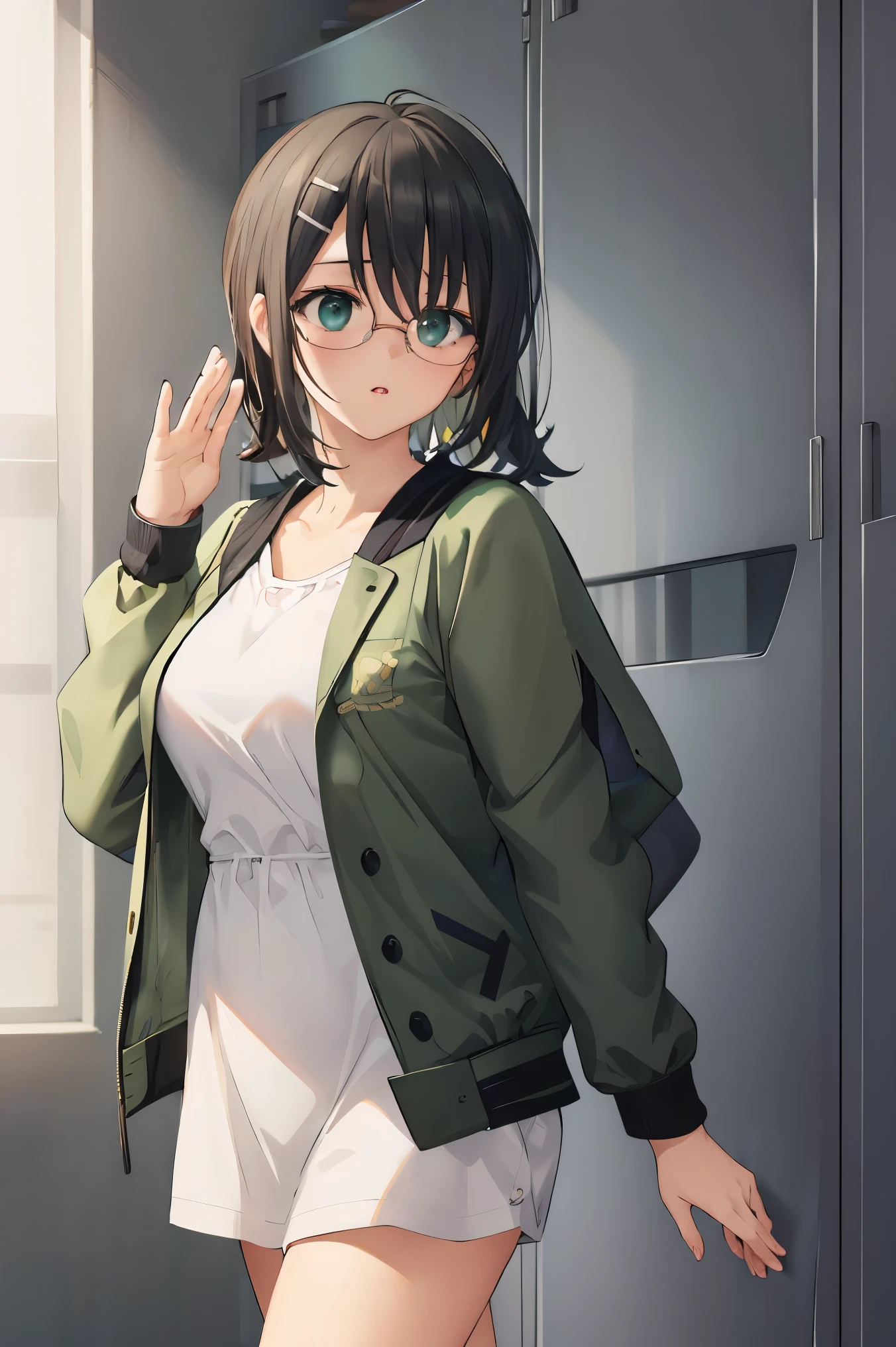 yorihime nao, glasses, hairclip,((black hair:1.5)),
BREAK ((green jacket:1.5))
BREAK changing room, lockers,
BREAK walking,pose, hand on hip,
BREAK (masterpiece:1.2), best quality, high resolution, unity 8k wallpaper, (illustration:0.8), (beautiful detailed eyes:1.6), extremely detailed face, perfect lighting, extremely detailed CG, (perfect hands, perfect anatomy),