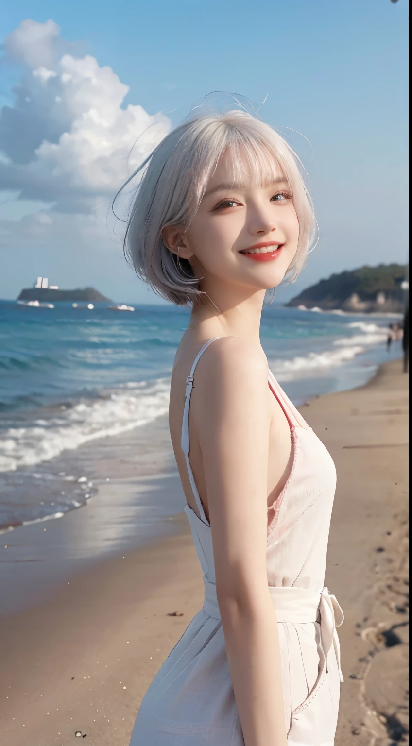 Best image quality、RAW Photos、超A high resolution、21 years old Korean、Small breasts、Dynamic Angle、Cowboy Shot、Chaos in its most beautiful form、elegant、brutalism design、Vibrant colors、Beautiful white hair、Short Bob、smile、fun、smile、Glowing White Skin、Beautiful eyes with random colors、Very thin lips、Beautiful eyes in every detail、length, Narrow eyes、Cheeks are pale pink、length eyelashes、Beautiful double eyelids、eye shadow、Bright white hair、Overalls、Sandy Beach、Shooting from the side、Full Body Shot、The wind is blowing