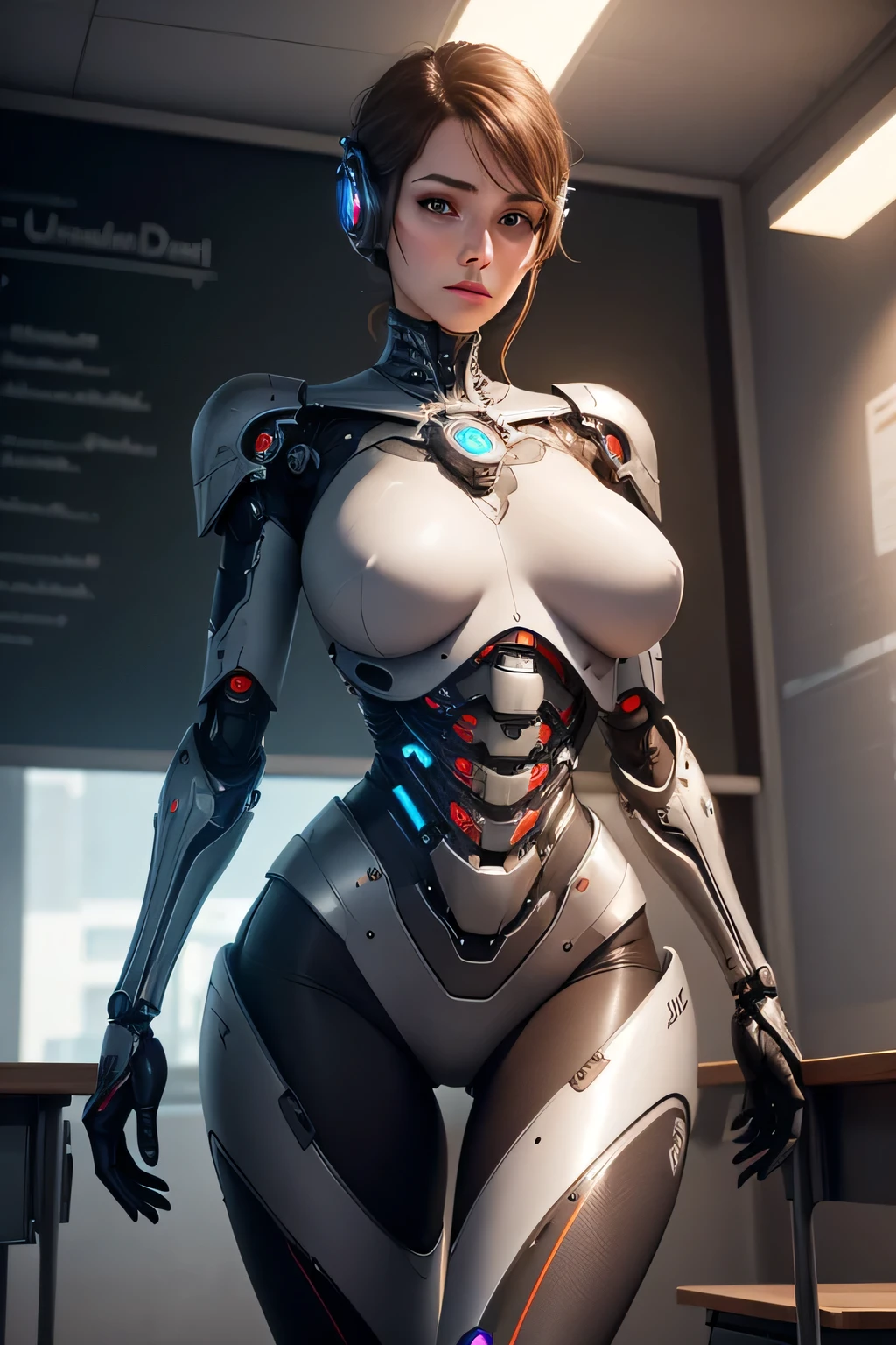 A female teacher transformed into a robot Mechanical body The background is the classroom, UHD, retina, masterpiece, ccurate, anatomically correct, textured skin, super detail, high details, high quality, award winning, best quality, highres
