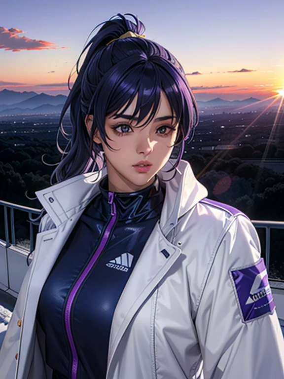 masterpiece, Best image quality, Extreme clarity, Curly ponytail anime girl,  figure, White functional coat, small, Blue-purple gradient ski goggles, cyber punk, Gray Hair, Natural casual style, Dynamic Stance, Golden Ratio, Large aperture portrait, Cool Tones, strong visual impact, blank, Light and shadow contrast, Super Texture, Afterglow of the Sunset, Extremely clear images, Training in the athletics stadium