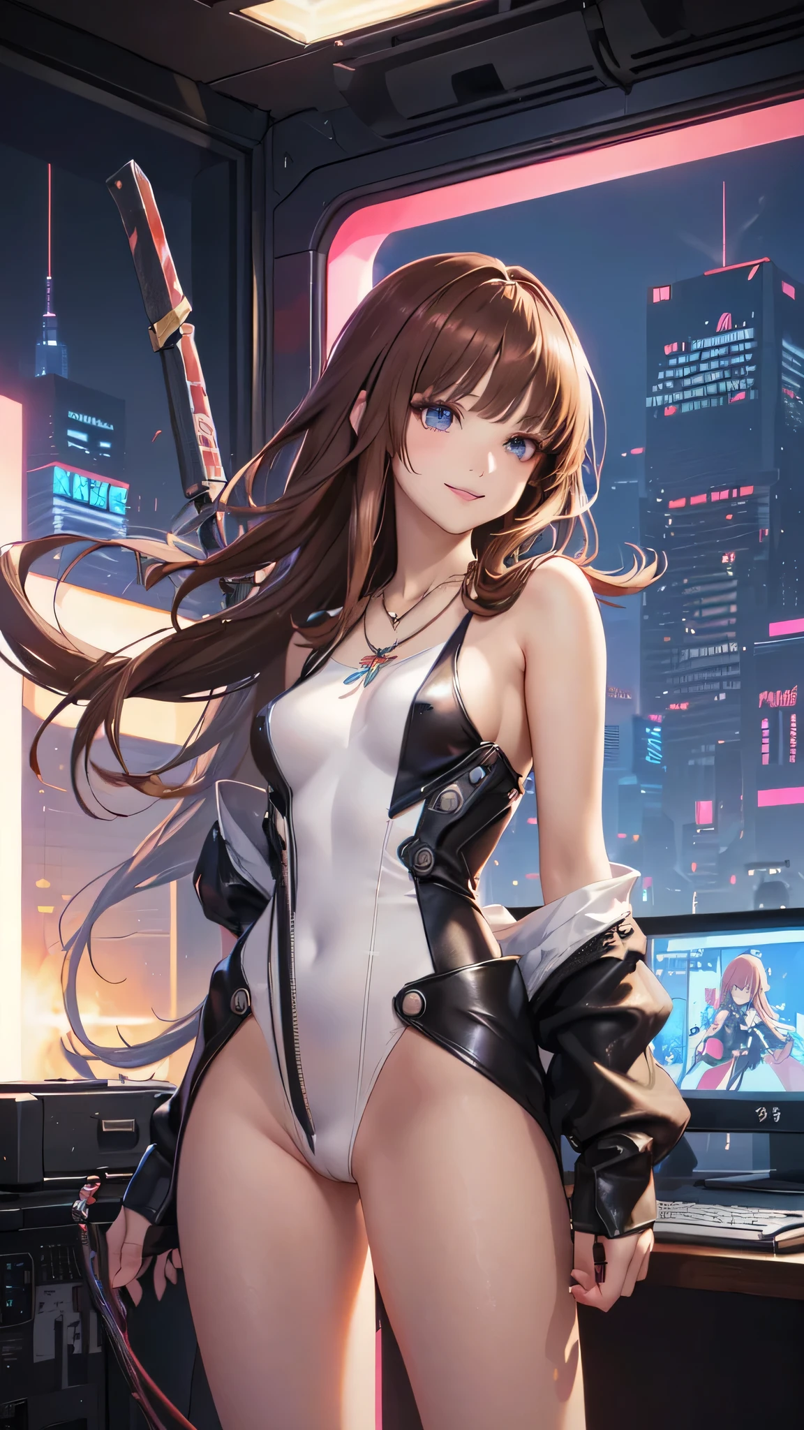 ((Final Fantasy (Yuna), young girl, , full body, naked body, dark hair, light skin, scarlet lips, smile; black, expressive playful eyes, long eyelashes)). ((Anime girl with brown hair hair and white short firedress with necklace, beautiful character painting, very short drees style cowboy fireskirt, soft anime computer graphics, realistic anime art, beautiful anime woman, Cyberpunk, futurism, tight jumpsuit, anime girl rendering, very sexy, 75 % nsfw, 60% nude, open legs))