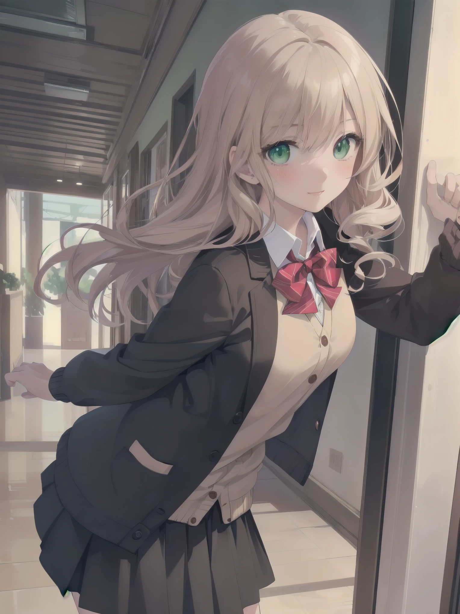 ((Tabletop, highest quality, High resolution, Perfect Pixel, Depth of written boundary, 4K))), One Girl, single, alone, Beautiful Anime Girls, Beautiful art style, Anime characters, ((Long Hair, bangs, Dark brown hair, Curly Hair:0.8)), ((Green Eyes:1.4, Fine grain, Beautiful Eyes, Perfect Eyes,Curled eyelashes, Realistic eyes)), ((Detailed face, Blushing:1.2)), ((Smooth texture:0.75, Realistic texture:0.5, Anime CG Style)), Medium chest, Dynamic Angle, Big Breasts, Perfect body, Dynamic pose, ((Red bow tie, , Black jacket, Open jacket, Brown cardigan, White shirt, Black Skirt, Checked skirt)), smile, Open your mouth, Put your arms behind your back, Leaning forward, Amalment Park