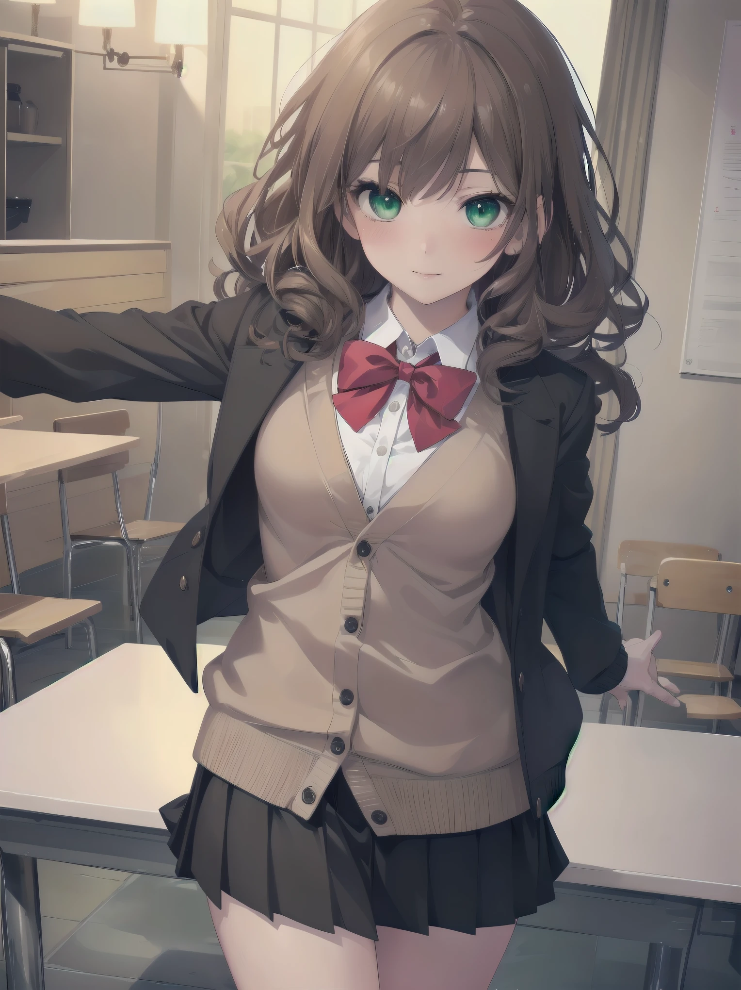 ((Tabletop, highest quality, High resolution, Perfect Pixel, Depth of written boundary, 4K))), One Girl, single, alone, Beautiful Anime Girls, Beautiful art style, Anime characters, ((Long Hair, bangs, Dark brown hair, Curly Hair:0.8)), ((Green Eyes:1.4, Fine grain, Beautiful Eyes, Perfect Eyes,Curled eyelashes, Realistic eyes)), ((Detailed face, Blushing:1.2)), ((Smooth texture:0.75, Realistic texture:0.5, Anime CG Style)), Medium chest, Dynamic Angle, Big Breasts, Perfect body, Dynamic pose, ((Red bow tie, , Black jacket, Open jacket, Brown cardigan, White shirt, Black Skirt, Checked skirt)), smile, Open your mouth, Put your arms behind your back, Leaning forward, Amalment Park
