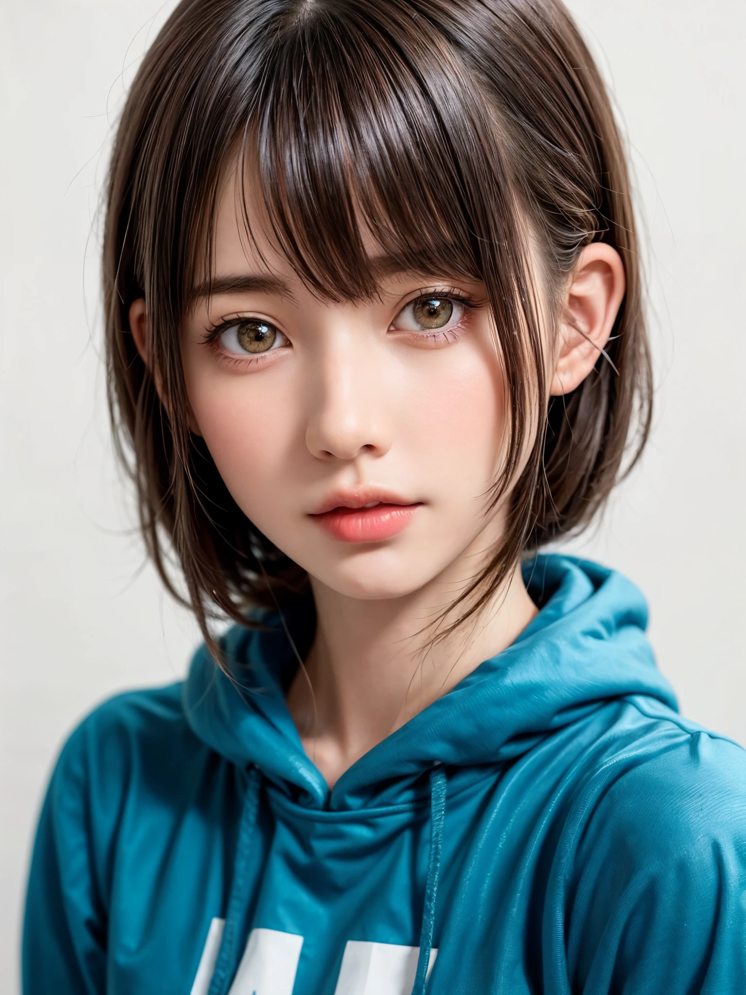 1 girl, alone, alone focus, Cowboy Shot, Portraiture, Oversized hoodie, Aqua green and white hoodie, Half watercolor, Half Green, ((Brown Hair)), (Yellow Hair), (Gradient Hair :1.5), Curly Hair, ((Pink Eyes)), Very detailedな目, Sunburn, (Dark caramel skin:1.1), highest quality, Very detailed, White Background, Simple Background