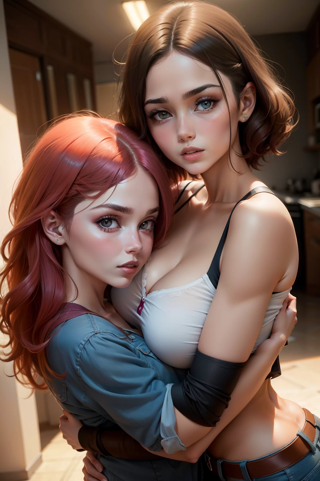 mulheres com cabelo curto, Mulher com cabelo longo, Beijo,Tight hug,uma paleta de cores quentes,fotorrealista nafw