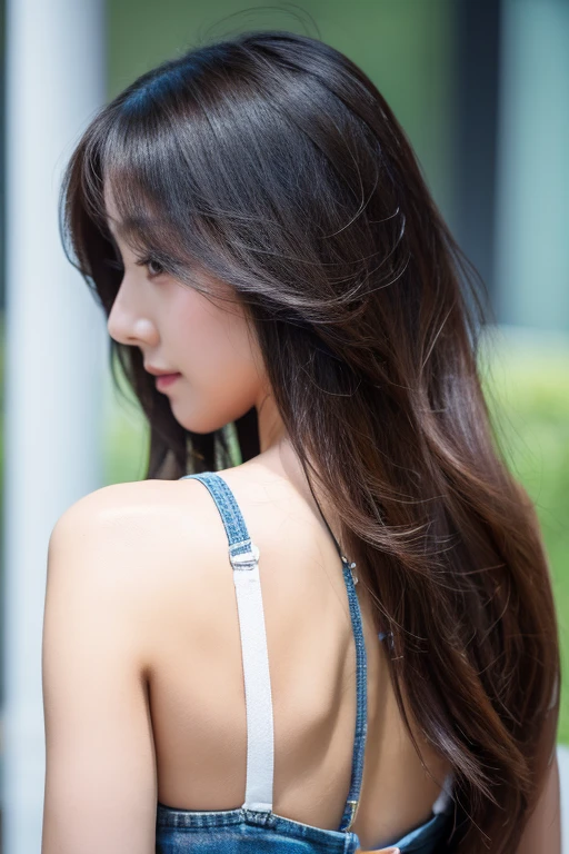 （real， High resolution：1.3）， One girl with a perfect body， Very beautiful face and eyes，Long Hair， Random color tank top：1.2， Short jeans， Back view