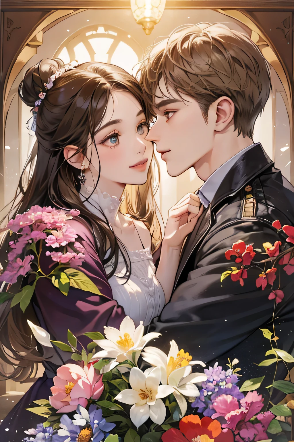 (Tabletop, digital illustration, 4K, 8k, Very detailed, Beautiful images, Clear images, Perfect Face, Perfect Lines, Perfect Eyes, Soft lighting) 1 female, (Light brown hair,Hair Bun,Innocent look,Drooping eyebrows,Droopy eyes、With a round face,Round chin、Innocence,cute,Big eyes,Natural Makeup,Smiling Kindly,E Cup,23 years old:1.3),Two handsome men in suits, (human,Man in suit,Muscular,Strong shoulder width, Boyish hairstyles,A man in his 30s with a cool expression,A 28-year-old man with a bright smile:1.2),A light-filled garden、Lots of flowers、Squirting、Colorful flower lights,(Embarrassing,A shy smile:1.2),Resort sofa,kiss、Couple kiss、Romance Porn、Couple of men and women embracing each other、