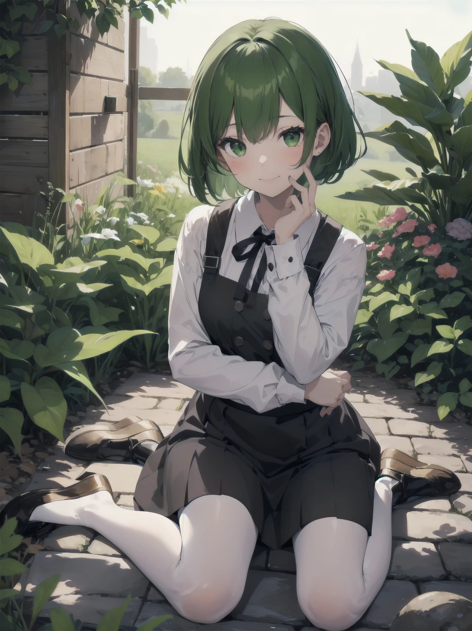 (Illustration: 1.0), Masterpiece, Top Quality,
1 girl, green hair, green eyes, short hair, bangs,
dress, black shoes, long sleeves, shirt, white shirt, pinafore dress, ribbon, black ribbon, black dress, pantyhose, neck ribbon, shoes,
Countryside, Garden, Twilight, Profile, (Wariza:1.6), (Illustration: 1.0), Masterpiece, Top Quality, Dutch Angle,
1 girl, smiling, blush (close-up of face: 1.4), from above, acting mocking gesture to viewer