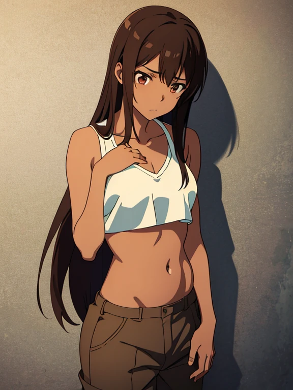 masterpiece, high quality) brown skin anime girl in a v neck lowcut crop top, (trousers), famished in hunger, (gently resting hands on stomach), (long hair), (hands on her stomach)