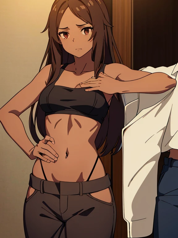 masterpiece, high quality) brown skin anime girl in a v neck lowcut crop top, (trousers), famished in hunger, (gently resting hands on stomach), (long hair), (hands on her stomach)