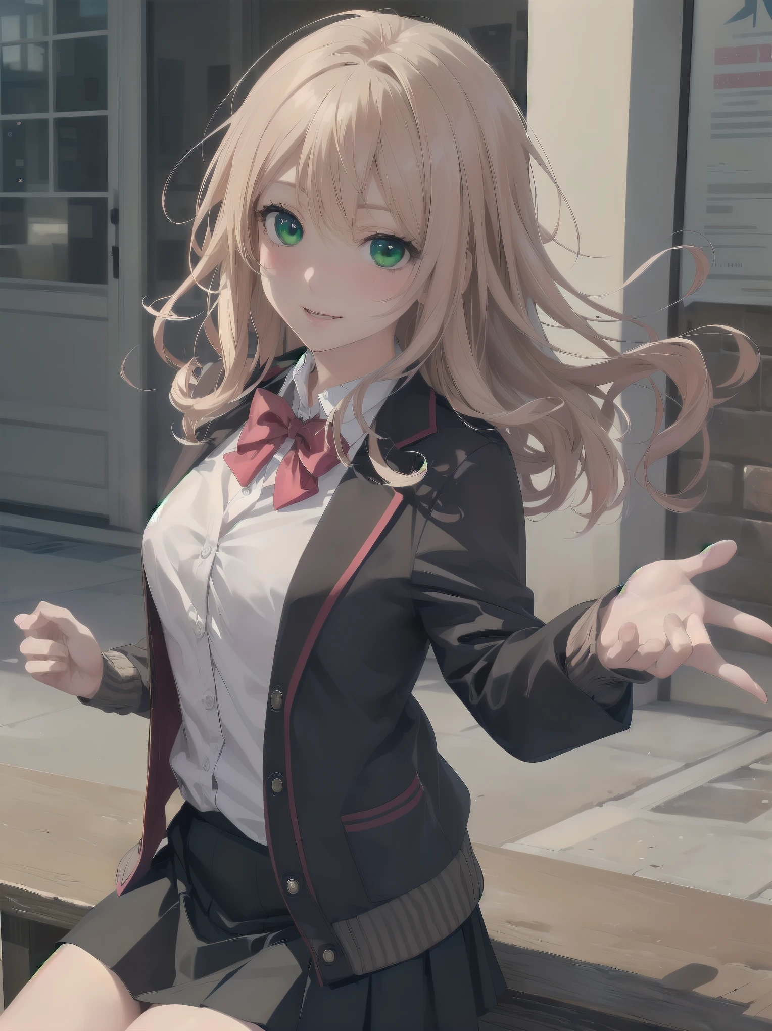 ((Tabletop, highest quality, High resolution, Perfect Pixel, Depth of written boundary, 4K))), One Girl, single, alone, Beautiful Anime Girls, Beautiful art style, Anime characters, ((Long Hair, bangs, Dark brown hair, Curly Hair:0.8)), ((Green Eyes:1.4, Fine grain, Beautiful Eyes, Perfect Eyes,Curled eyelashes, Realistic eyes)), ((Detailed face, Blushing:1.2)), ((Smooth texture:0.75, Realistic texture:0.5, Anime CG Style)), Medium chest, Dynamic Angle, Big Breasts, Perfect body, Dynamic pose, ((Red bow tie, , Black jacket, Open jacket, Brown cardigan, White shirt, Black Skirt, Checked skirt)), smile, Open your mouth, Put your arms behind your back, Leaning forward, Amalment Park