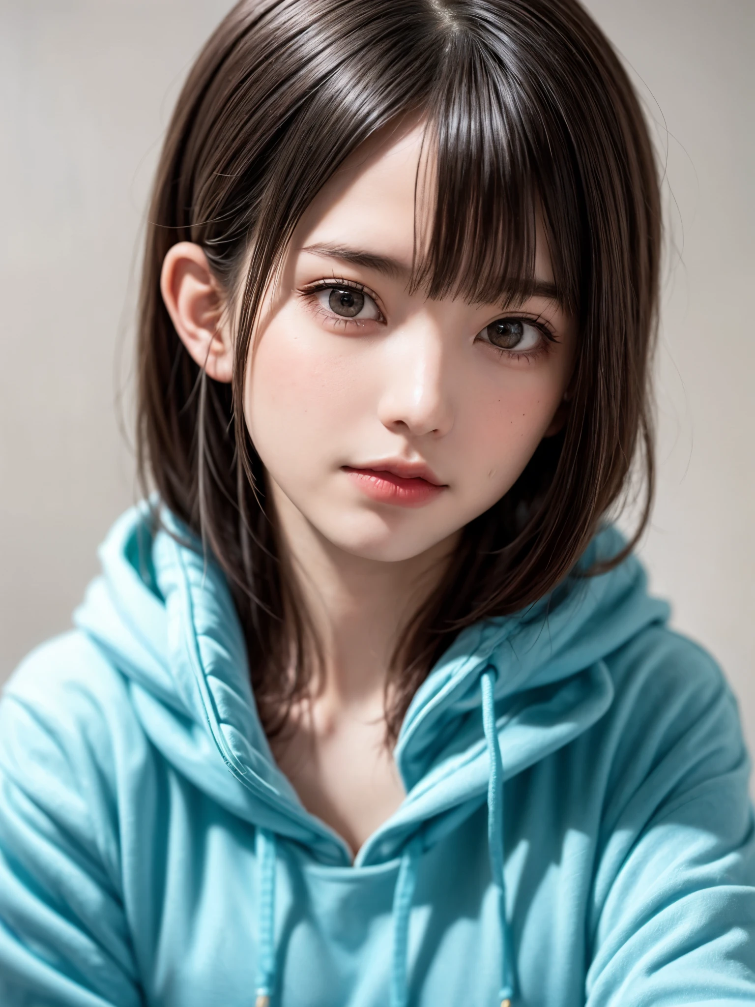 1 girl, alone, alone focus, Cowboy Shot, Portraiture, Oversized hoodie, Aqua green and white hoodie, Half watercolor, Half Green, ((Brown Hair)), (Yellow Hair), (Gradient Hair :1.5), Curly Hair, ((Pink Eyes)), Very detailedな目, Sunburn, (Dark caramel skin:1.1), highest quality, Very detailed, White Background, Simple Background