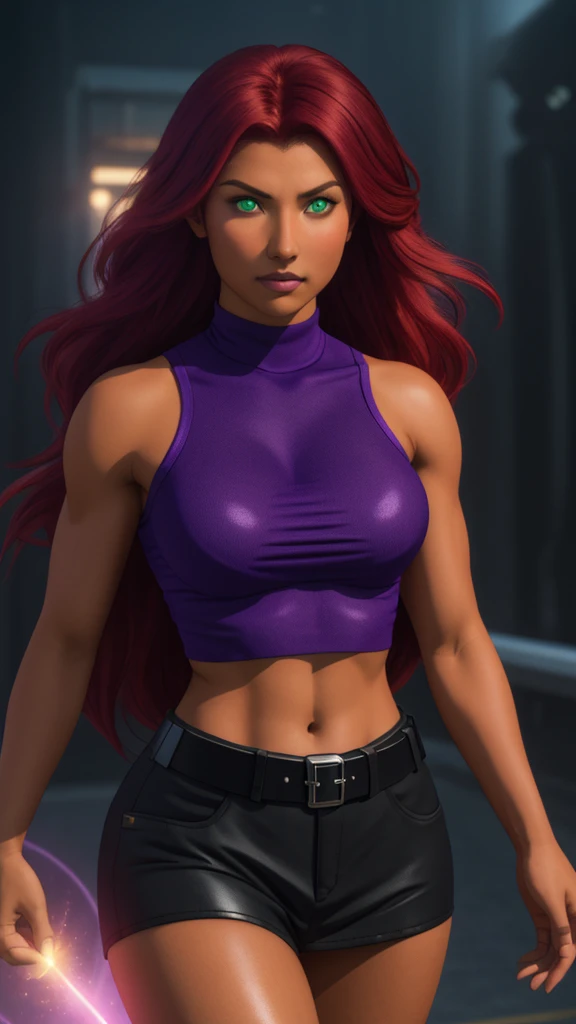 Photorealistic, Ultra realistic, 16k, high quality, cinematic lights, dream atmosphere, dream aesthetic, 1girl, red-scarlet hair, StarfireDC, glowing green eyes, long flowing hair(red), tanned skin illuminated, realistic textured skin, realistic shading, glowing eyes tan skin, cleavage, large natural breasts, (purple crop top:1.2), bare shoulders, midriff, purple miniskirt, purple thighhighs, realistic textures, belt, 8k, detailed face and eyes, muscular female body, strong arms, lean belly, strong hips, muscular thighs, thick legs, full body, realistic, flying through the air, glowing balls of energy in her hands, style-paintmagic, different positions at different types of angles. 