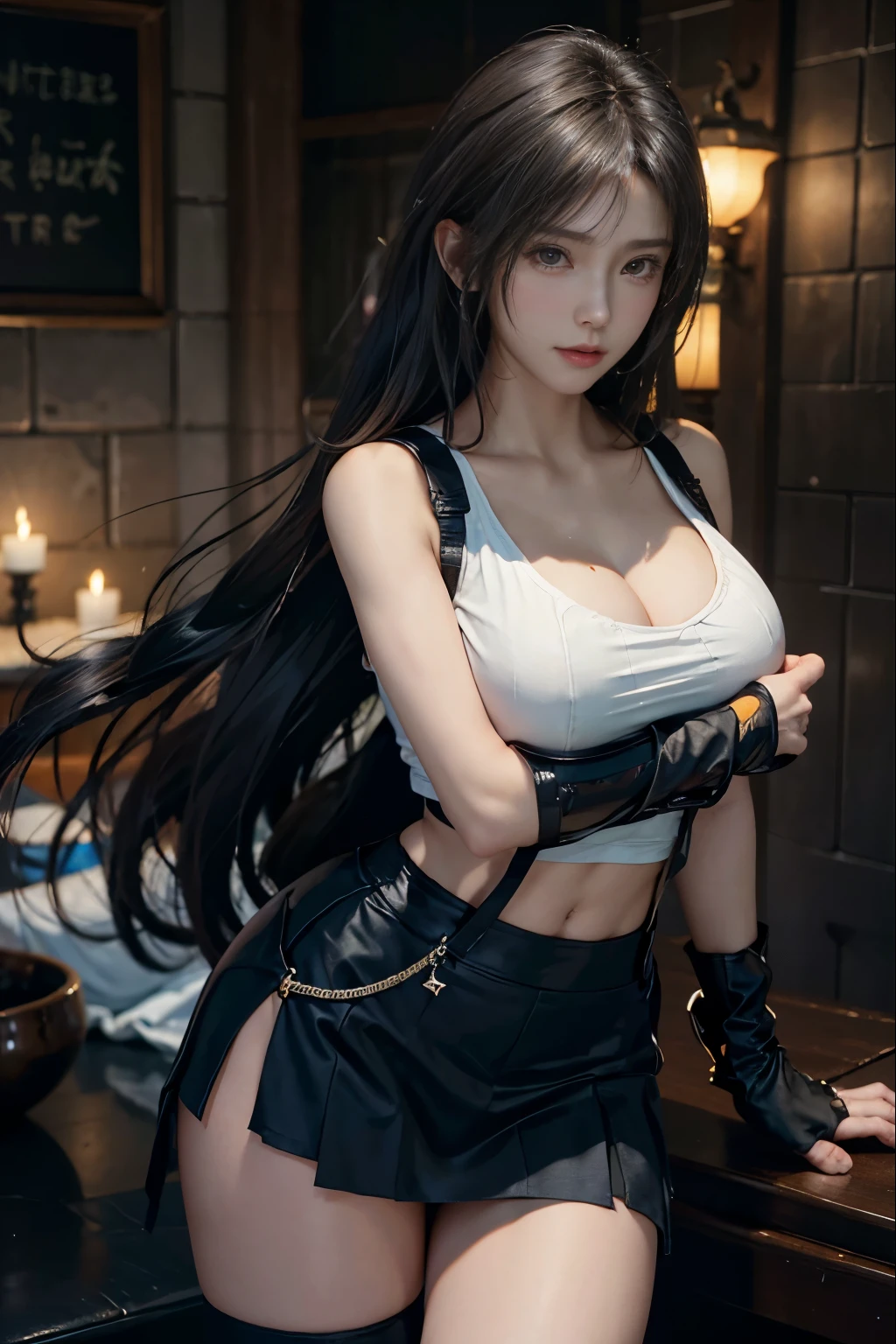 masterpiece, 最high quality, Ultra-high resolution, (Realistic:1.4), Detailed beautiful face, , One girl, Tifa_Lockhart, Final Fantasy VII Remake, Stunning European Women, suspenders,black low rise mini skirt, White Tank Top, A tense shirt, Long straight black hair, Very beautiful and shining eyes、Sweating, blush ,Beautiful feet, So cute, Close-upポトレイト, 柔らかい肌のPerfect Faceを持つ素敵な, Perfect Face, Huge breasts, 、Chainetter、thigh、In the dungeon, scar, Complete diagram, Shapely hips, 8k resolution,Surreal,Ultra-detailed,high quality, (Huge teardrop chest, Huge breastsの谷間:1.2), Low Cut， Giant tit， Close-up,No bra,A broad perspective
