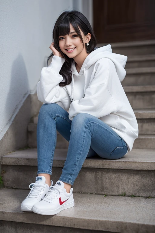 highest quality, Realistic, Very detailed, Finer details, High resolution, 8k wallpaper, One beautiful woman,Sit on the stairs、 Oversized hoodie, Skinny jeans, White sneakers、Putting on socks、Black Hair、 Beautiful Bangs、ear piercing、smile、Beautiful teeth alignment、hairstyle semi long、Perfect dynamic composition, Beautiful and detailed, Full Body Shot, A big smile

