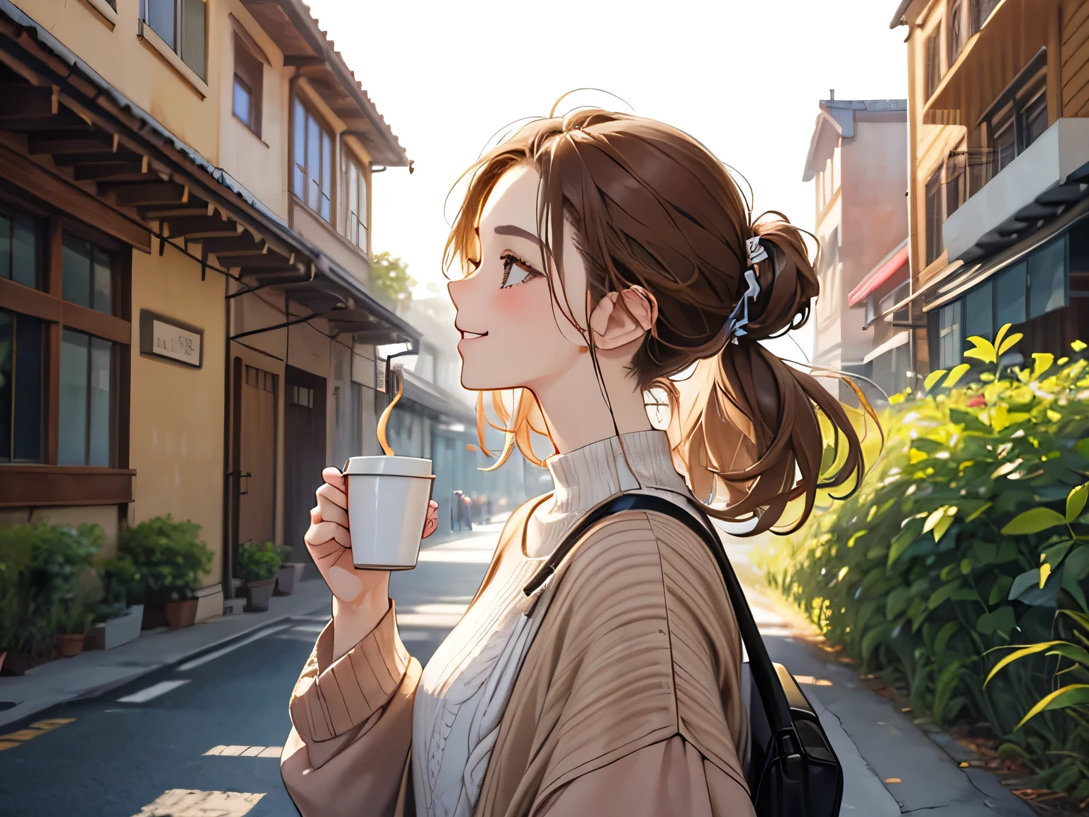 Watercolor, Line art, Monotony, Profile of a woman with a clear face through brown hair, holding a coffee cup in one hand, Look up, Stranger, smile, Brown loose half-up hairstyle and oversized knit sweater, From the chest up, Portrait, SLR, stroll, Fresh greenery, building, mean, 8ｋ