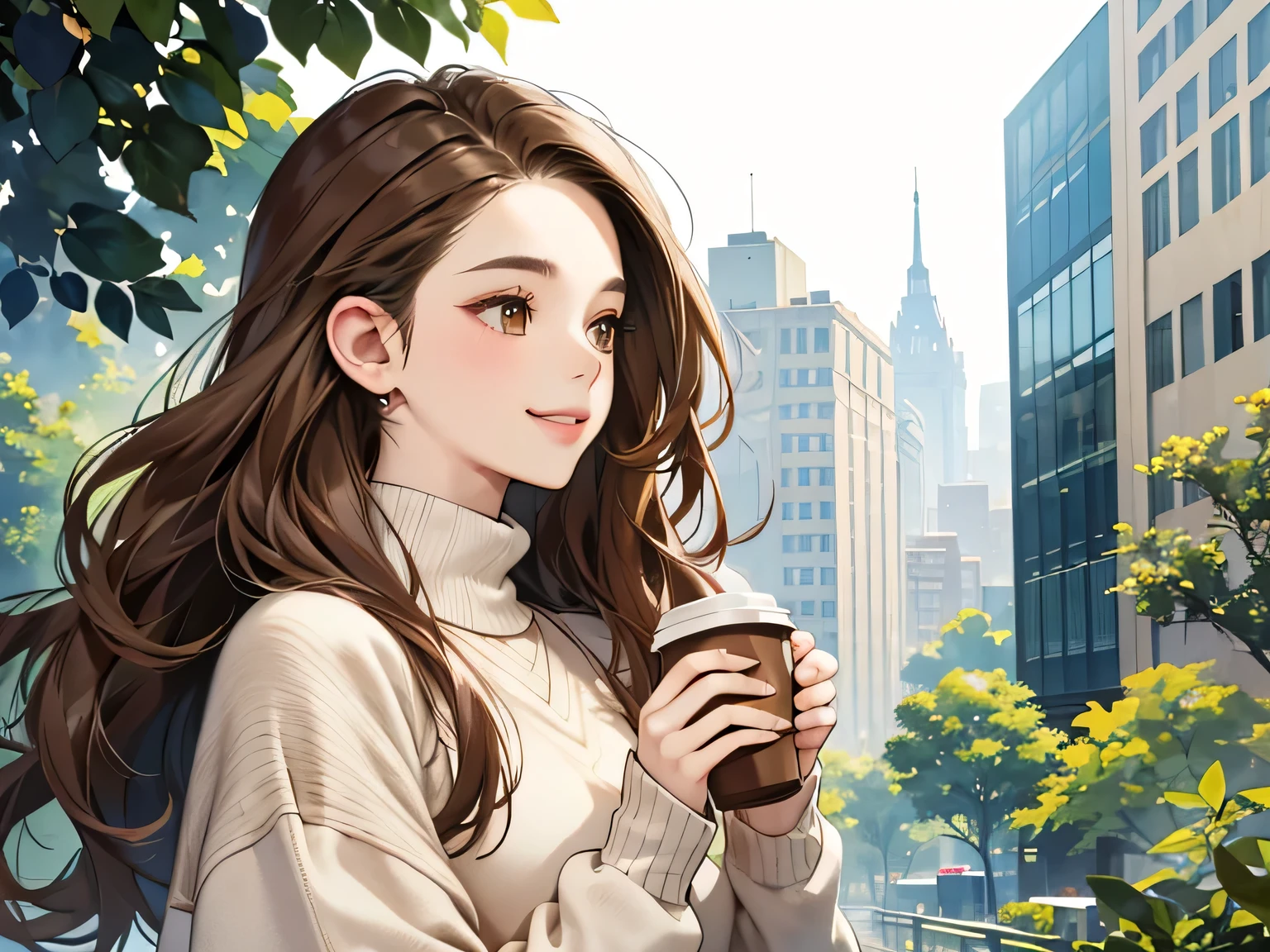 Watercolor, Line art, Monotony, Profile of a woman with a clear face through brown hair, holding a coffee cup in one hand, Look up, Stranger, smile, Brown loose half-up hairstyle and oversized knit sweater, From the chest up, Portrait, SLR, stroll, Fresh greenery, building, mean, 8ｋ