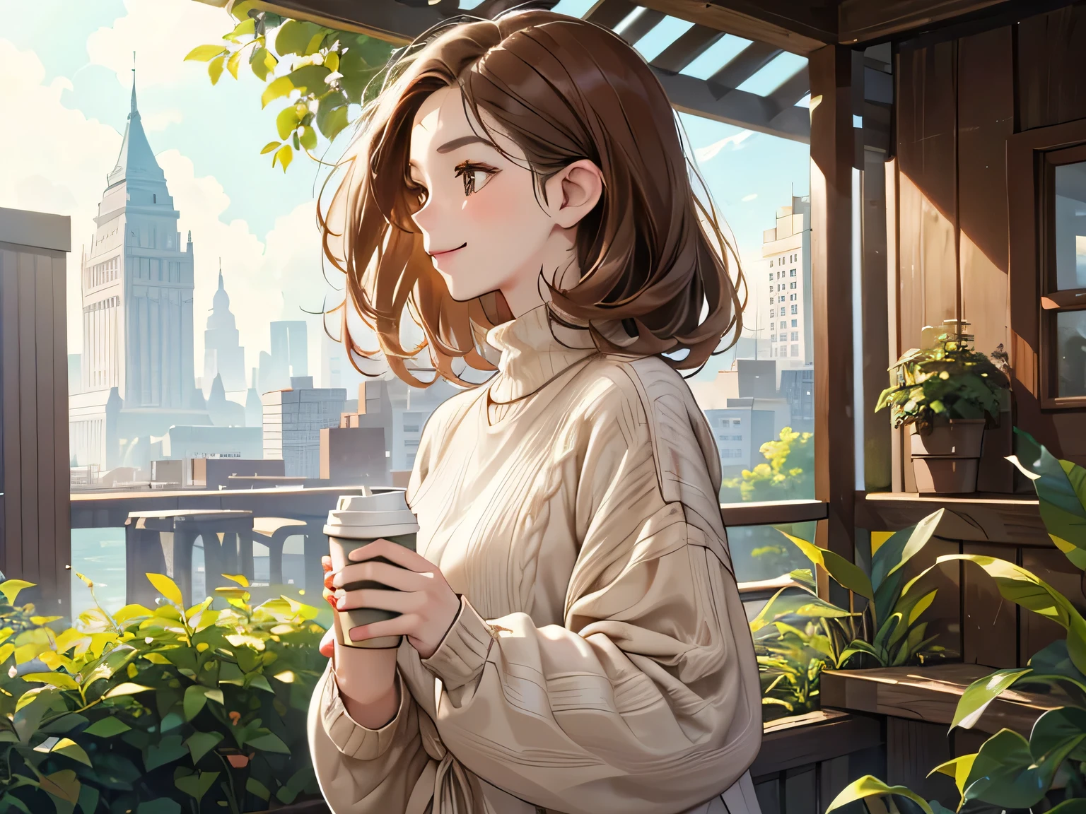 Watercolor, Line art, Monotony, Profile of a woman with a clear face through brown hair, holding a coffee cup in one hand, Look up, Stranger, smile, Brown loose half-up hairstyle and oversized knit sweater, From the chest up, Portrait, SLR, stroll, Fresh greenery, building, mean, 8ｋ