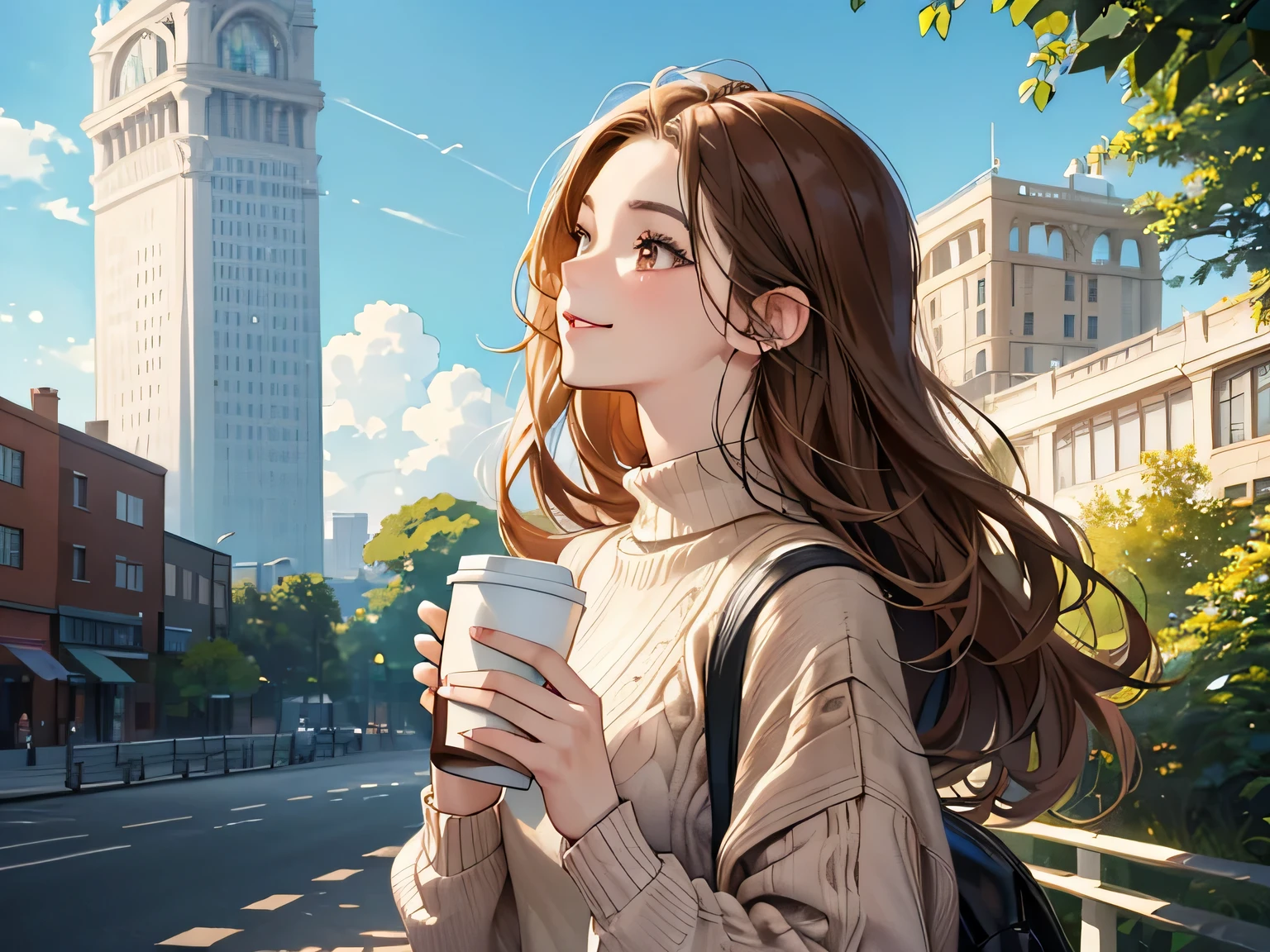 Watercolor, Line art, Monotony, Profile of a woman with a clear face through brown hair, holding a coffee cup in one hand, Look up, Stranger, smile, Brown loose half-up hairstyle and oversized knit sweater, From the chest up, Portrait, SLR, stroll, Fresh greenery, building, mean, 8ｋ