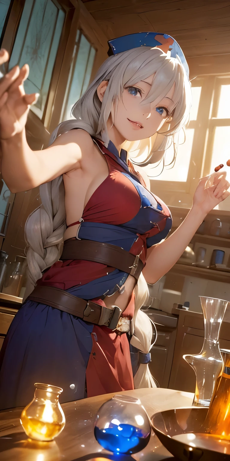 (masterpiece, best quality:1.3), (from below:1.3), Yagokoro Eirin, Touhou Series, perfect face, expressive eyes, 1woman, looking at viewer, 38 years old, gorgeous body, big breast, beautiful, anime, lora,1woman, silver hair, braid hair, nurse cap, red and blue clothes, long skirt, (evil look, looks down on viewer:1.5), (cinematic lighting, realistic, dream-like, enchanting atmosphere:1.3), (photo of a woman in her dark and mysterious environment:1.3), (the woman surrounded by an aura of mystery and intrigue:1.3), (a dark and mysterious laboratory decorated with many flasks, each filled with colorful liquids:2.0), (a table before Eirin decorated with flask, spread out in mysterious shapes:2.0), (she is full of joy in making new discoveries:1.5), (a crystal ball nearby, adding to the mystical setting:1.3), (a hint of incense in the air, adding to the sensory experience:1.3),